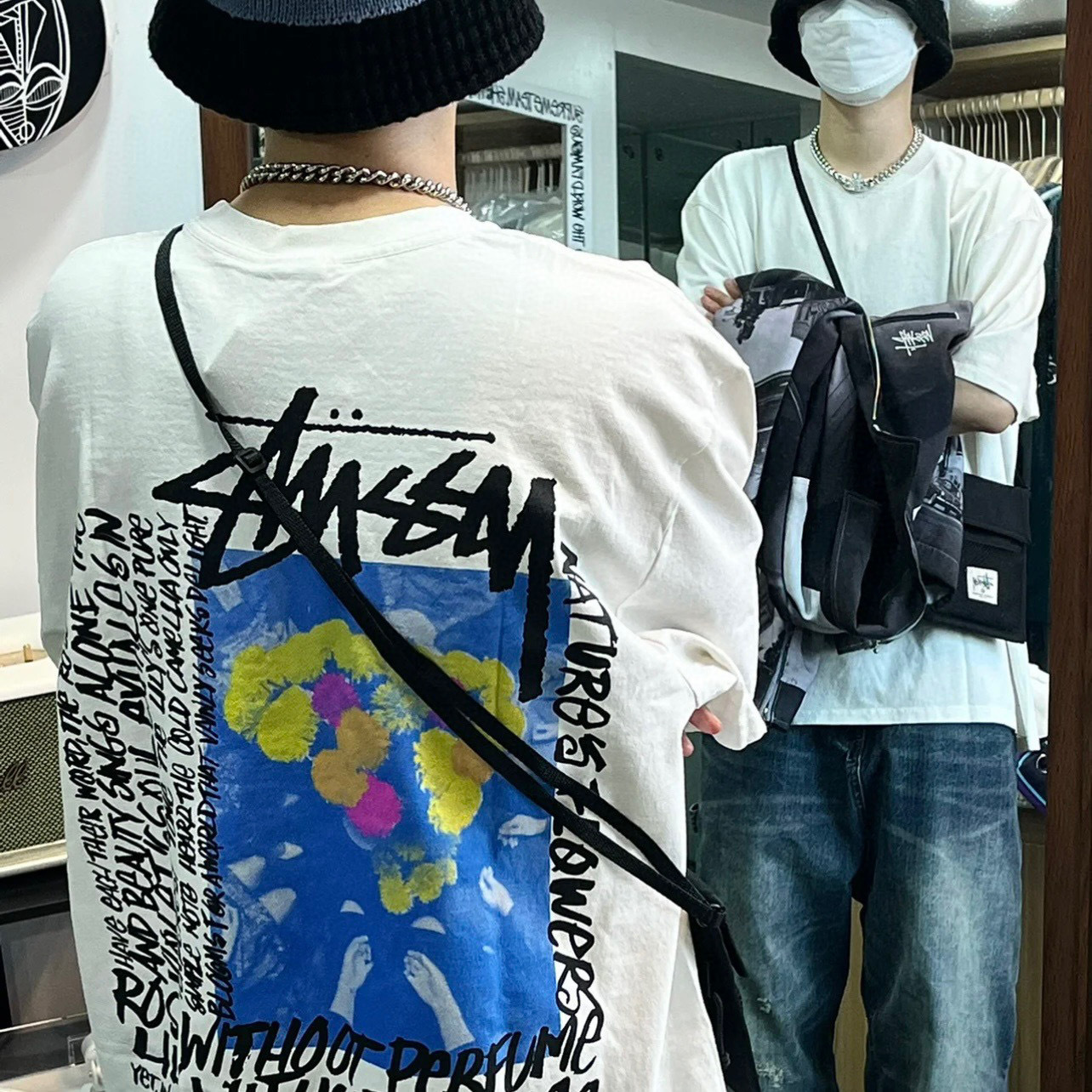 Stussy Floral‑Photo Surrounding‑Poetry Oversized Short‑Sleeve Tee XB849
