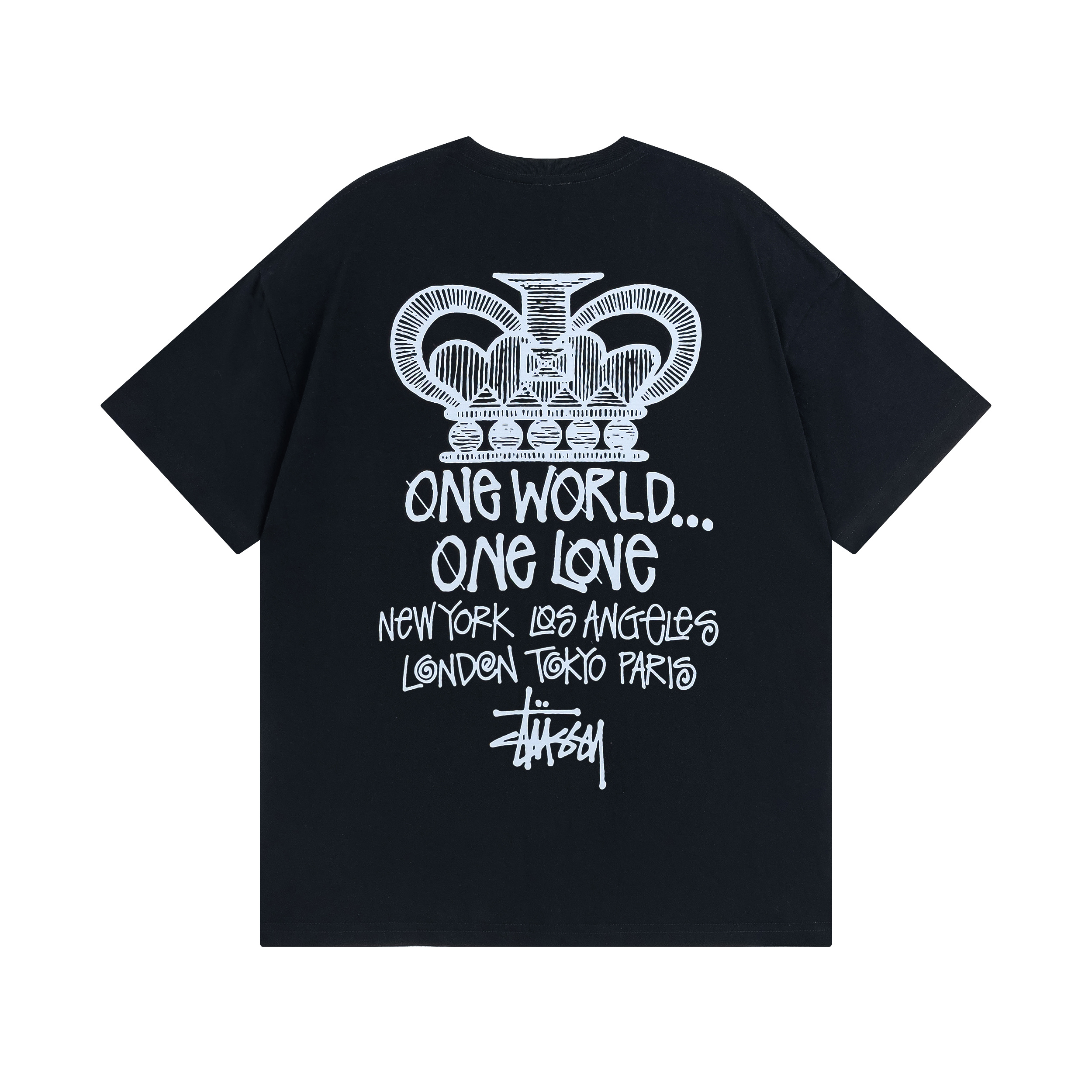 Stussy Crown‑Graphic One‑World Slogan Oversized Short‑Sleeve Tee XB929