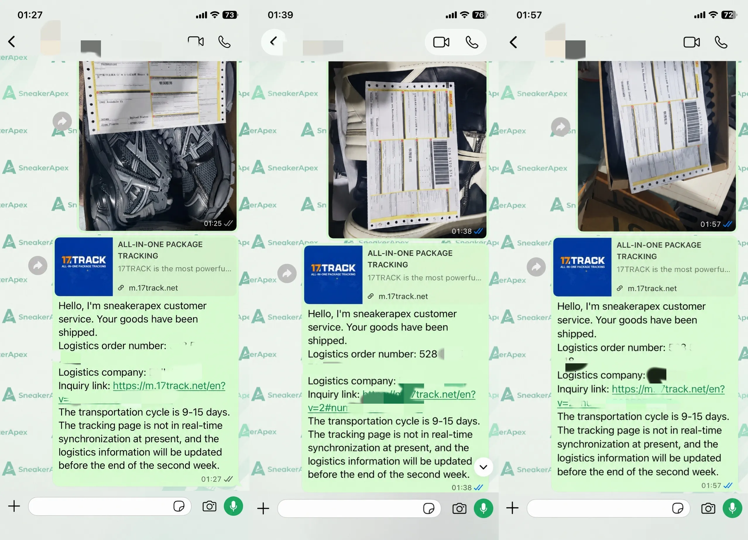 SneakerApex shipping proof and tracking record