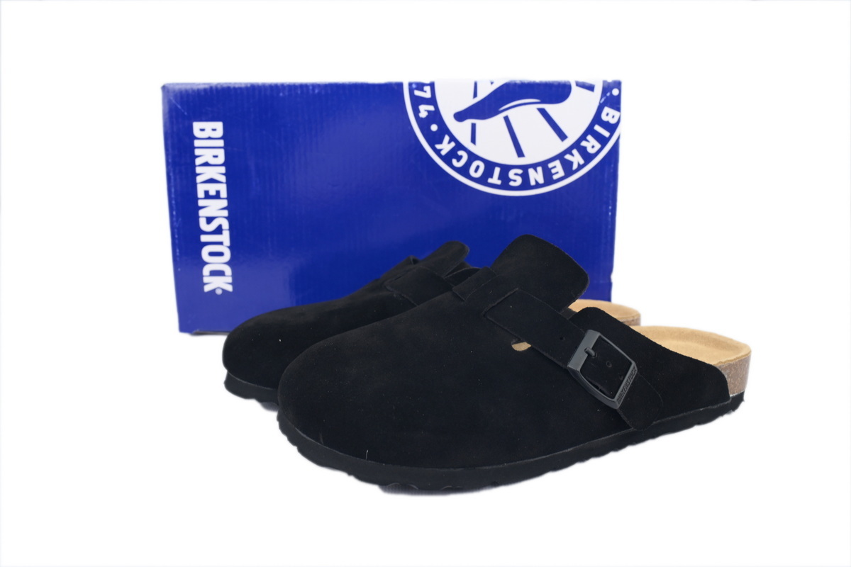 Birkenstock Boston Soft Footbed Black Velvet And Black Buckle Slippers 0660471