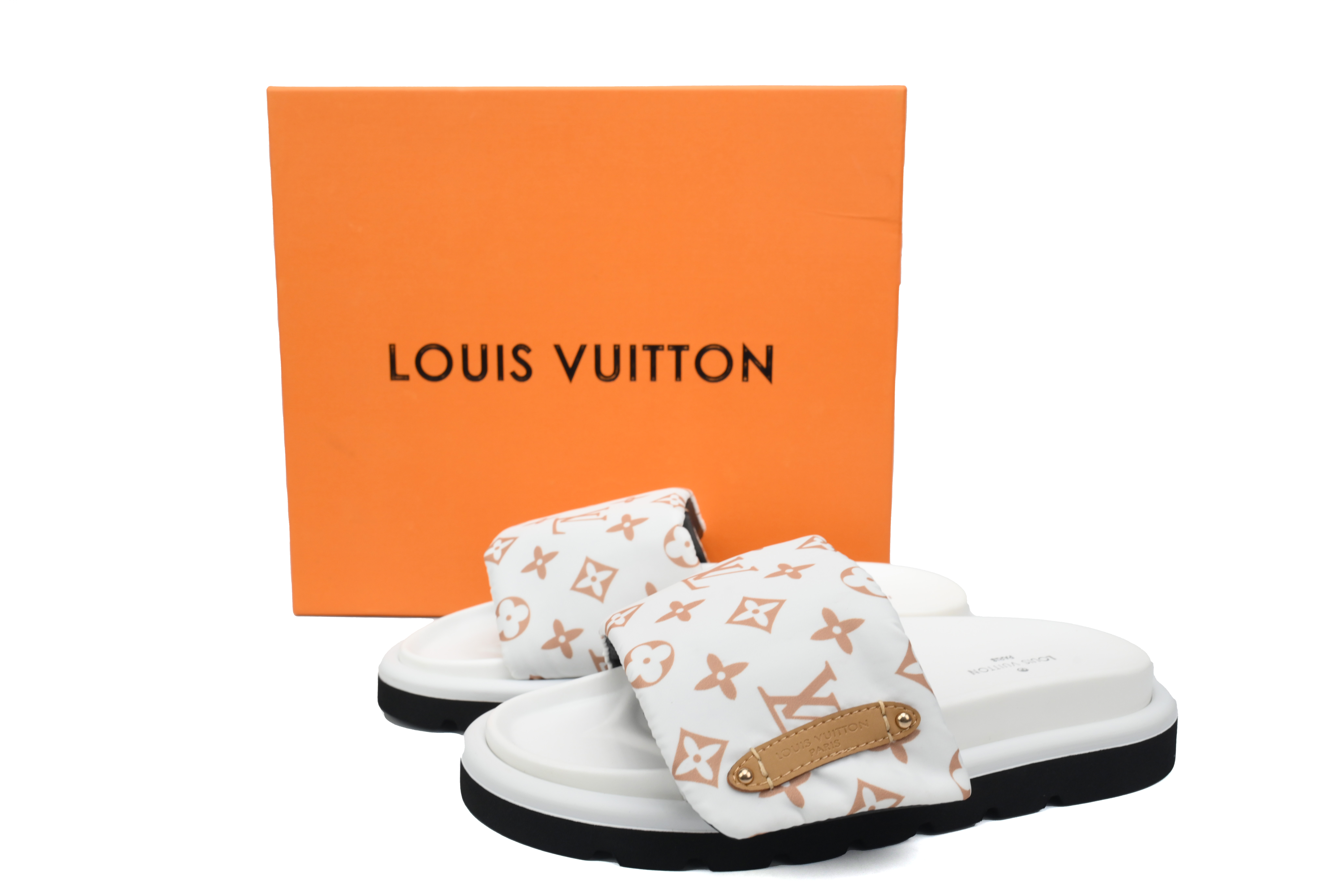 LOUIS VUITTON Pool Pillow Comfort Beige White Brown Slippers 1ACJZ8