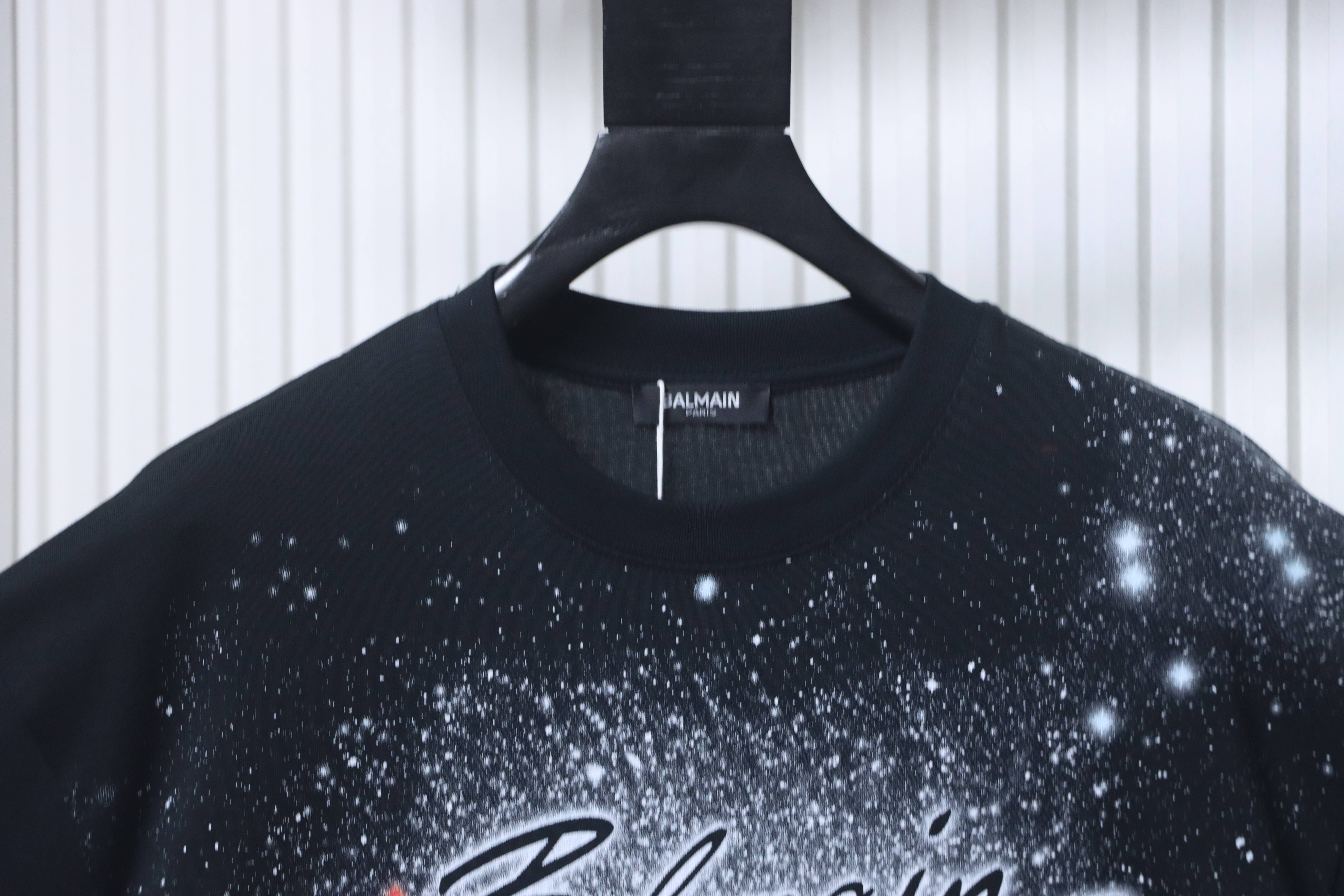 Balmain 26SS Cosmic Star Graffiti Short Sleeve Black T-Shirt