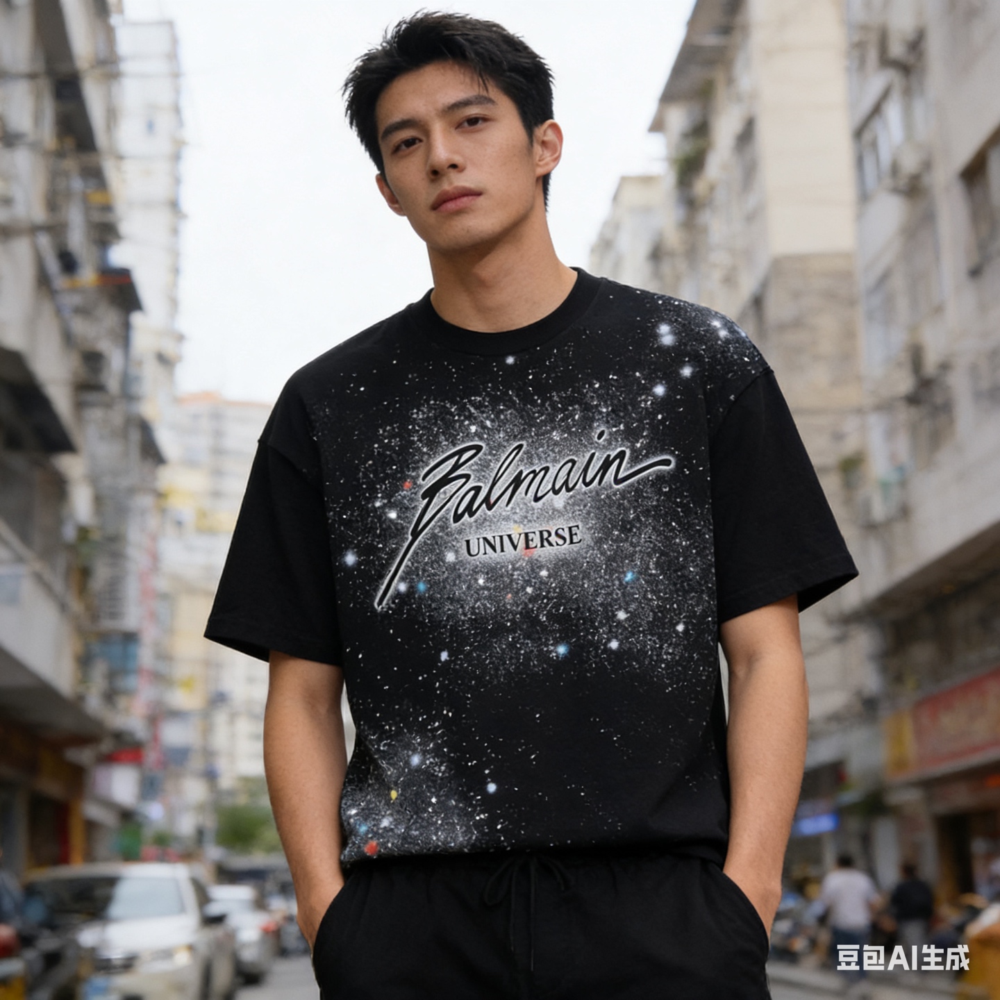 Balmain 26SS Cosmic Star Graffiti Short Sleeve Black T-Shirt