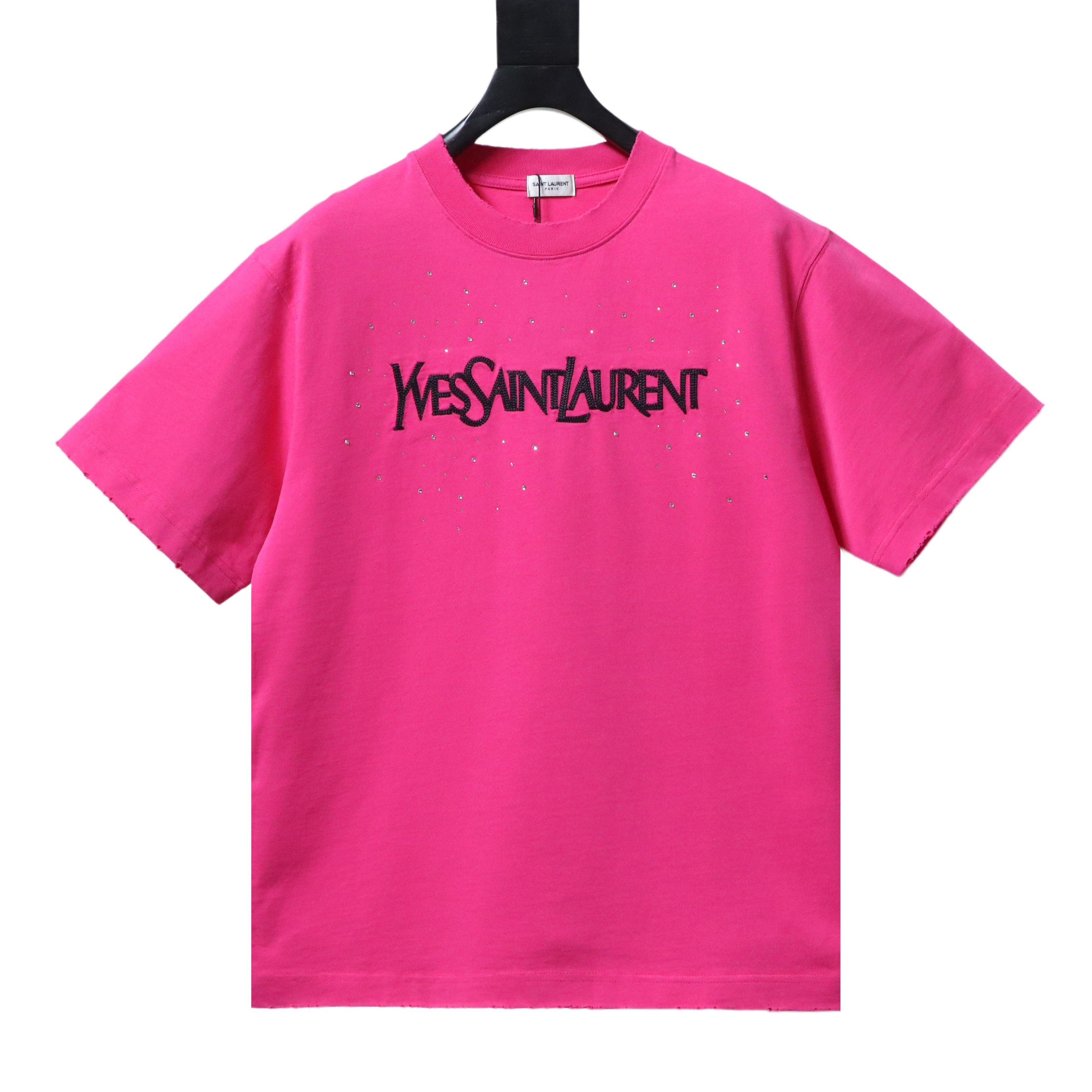 Saint Laurent 26SS Distressed Embroidery Rhinestone Short Sleeve T-Shirt