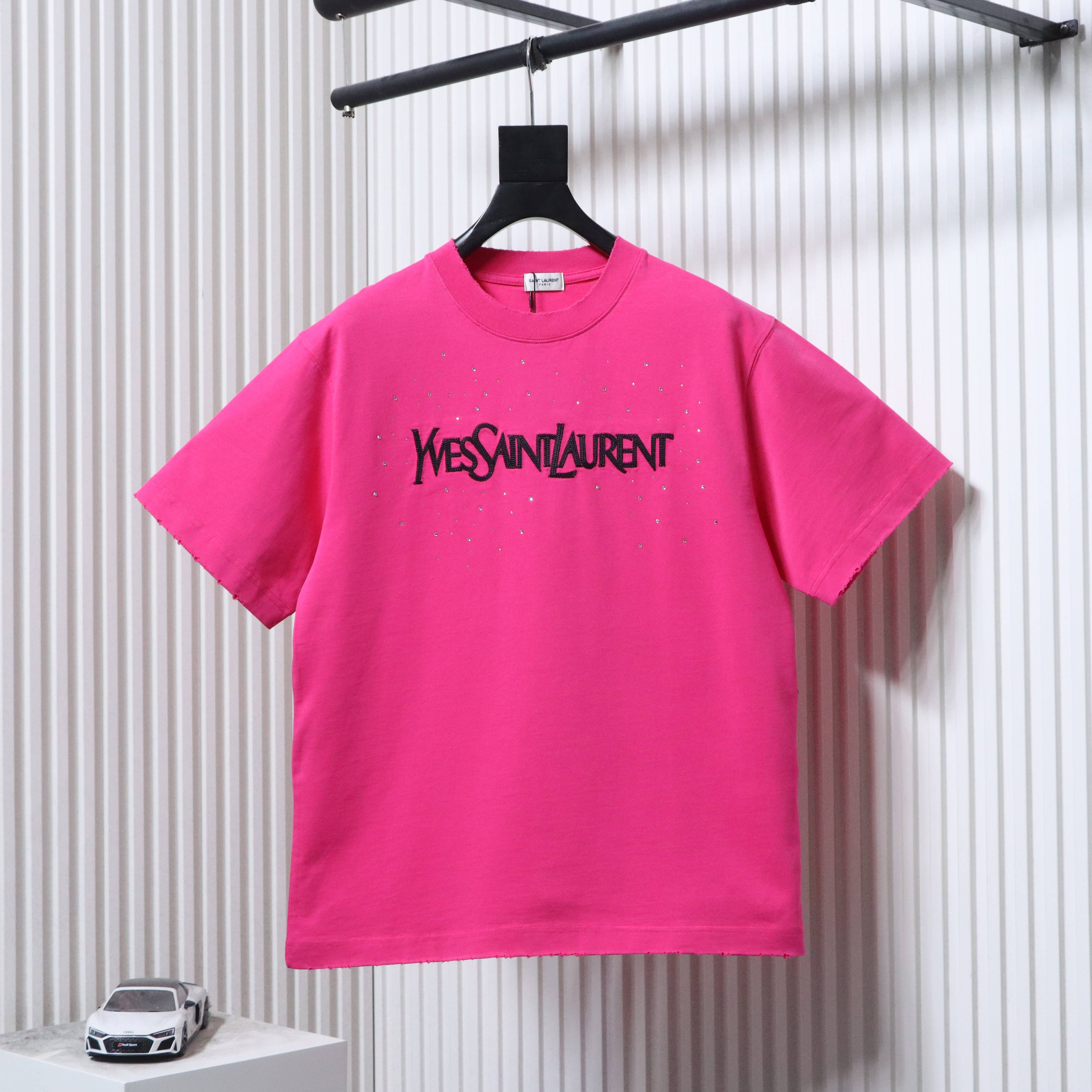 Saint Laurent 26SS Distressed Embroidery Rhinestone Short Sleeve T-Shirt