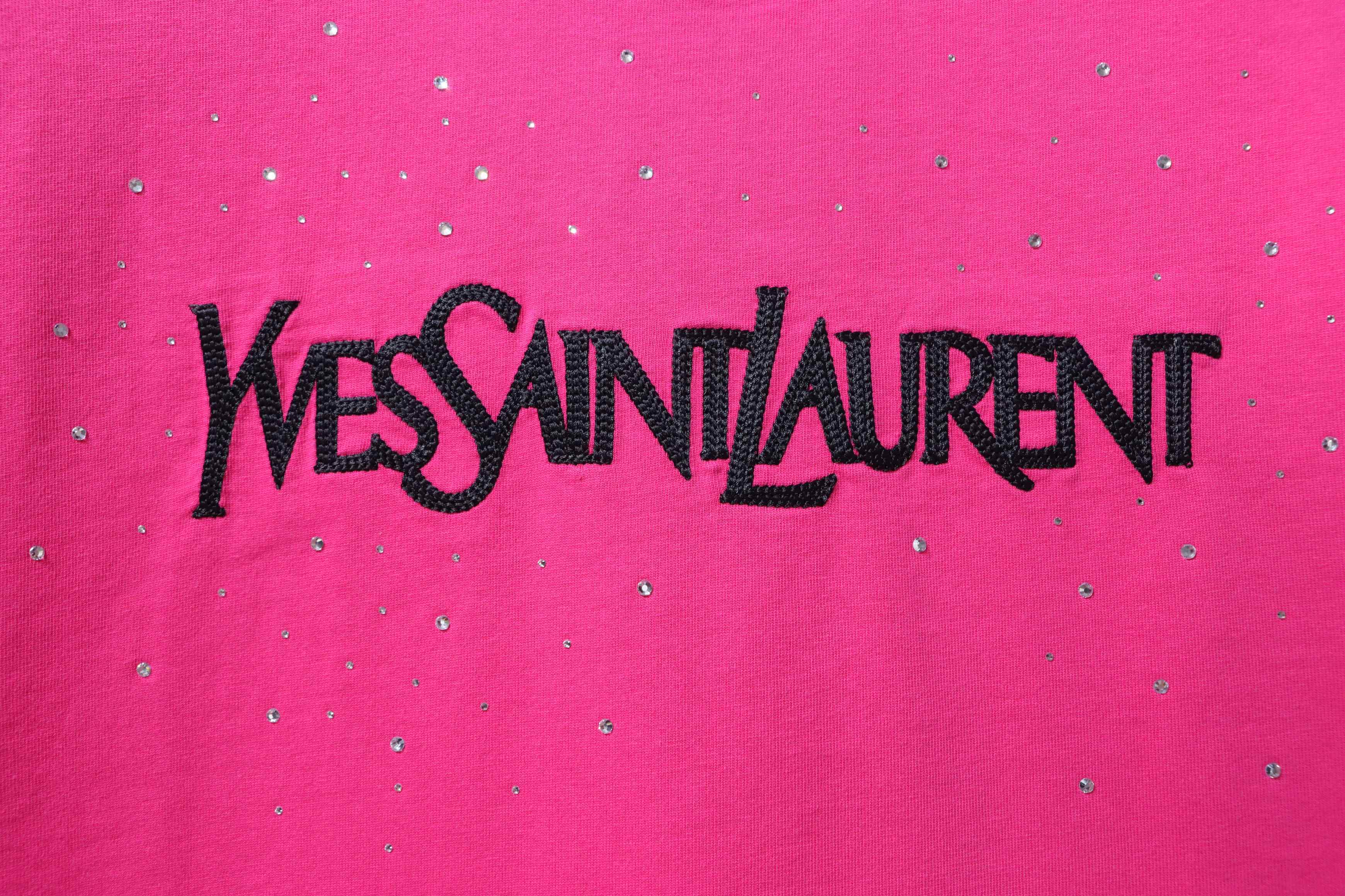 Saint Laurent 26SS Distressed Embroidery Rhinestone Short Sleeve T-Shirt