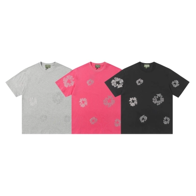 Denim Tears Cotton Wreath Rhinestone Short Sleeve Set Black / Gray / Rose Red 205 01