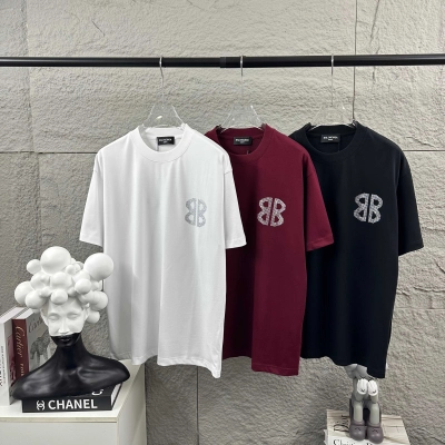 Balenciaga 2026 New Short Sleeve T-Shirt Classic Rhinestone Custom Unisex Color : Black White Angora Red Style 2 02