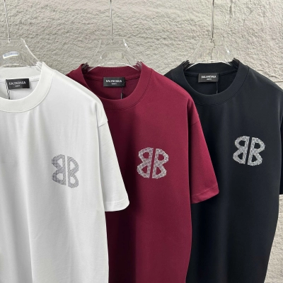 Balenciaga 2026 New Short Sleeve T-Shirt Classic Rhinestone Custom Unisex Color : Black White Angora Red Style 3 02