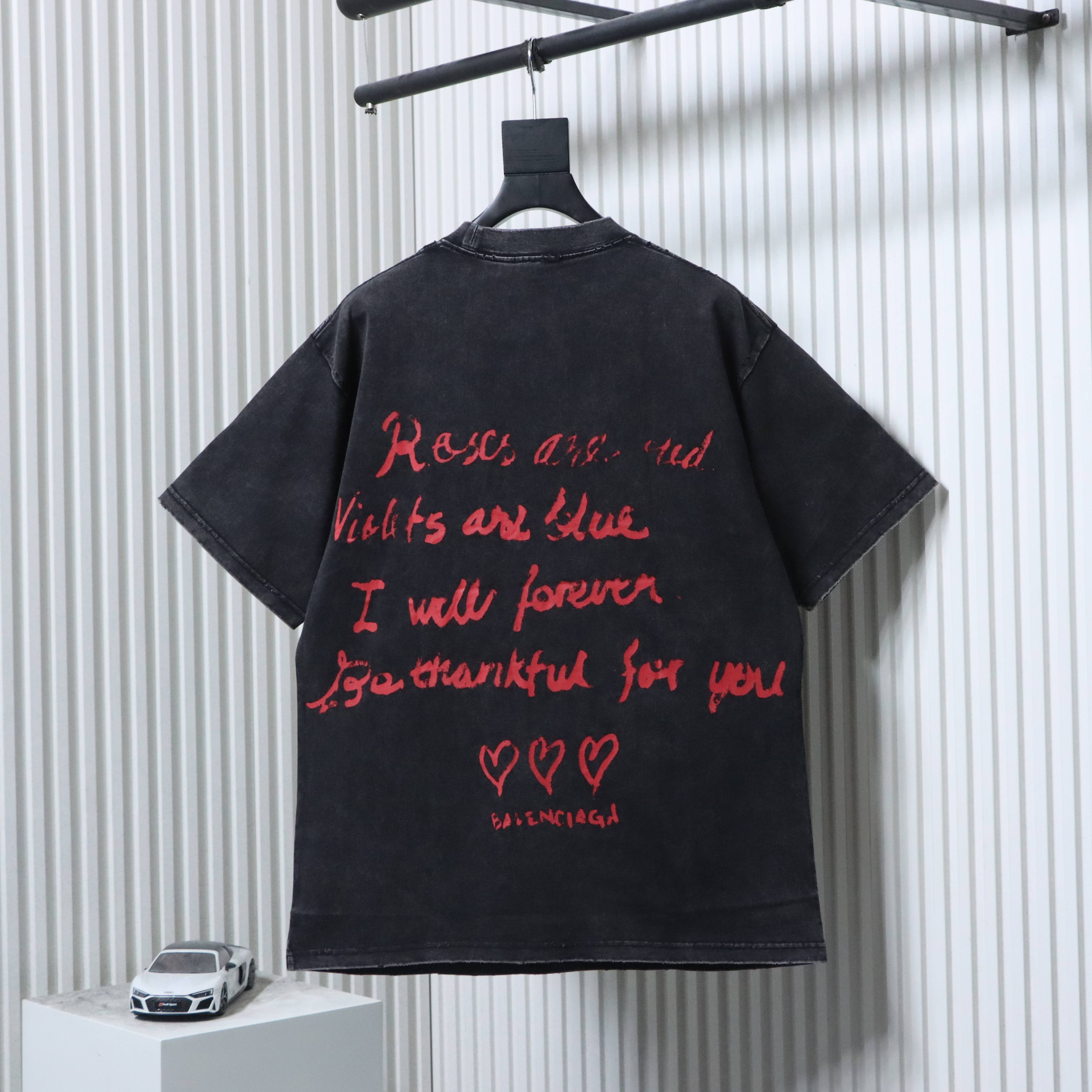 Balenciaga 25SS Valentine Limited Heart Letter Ripped Washed Short Sleeve T-Shirt