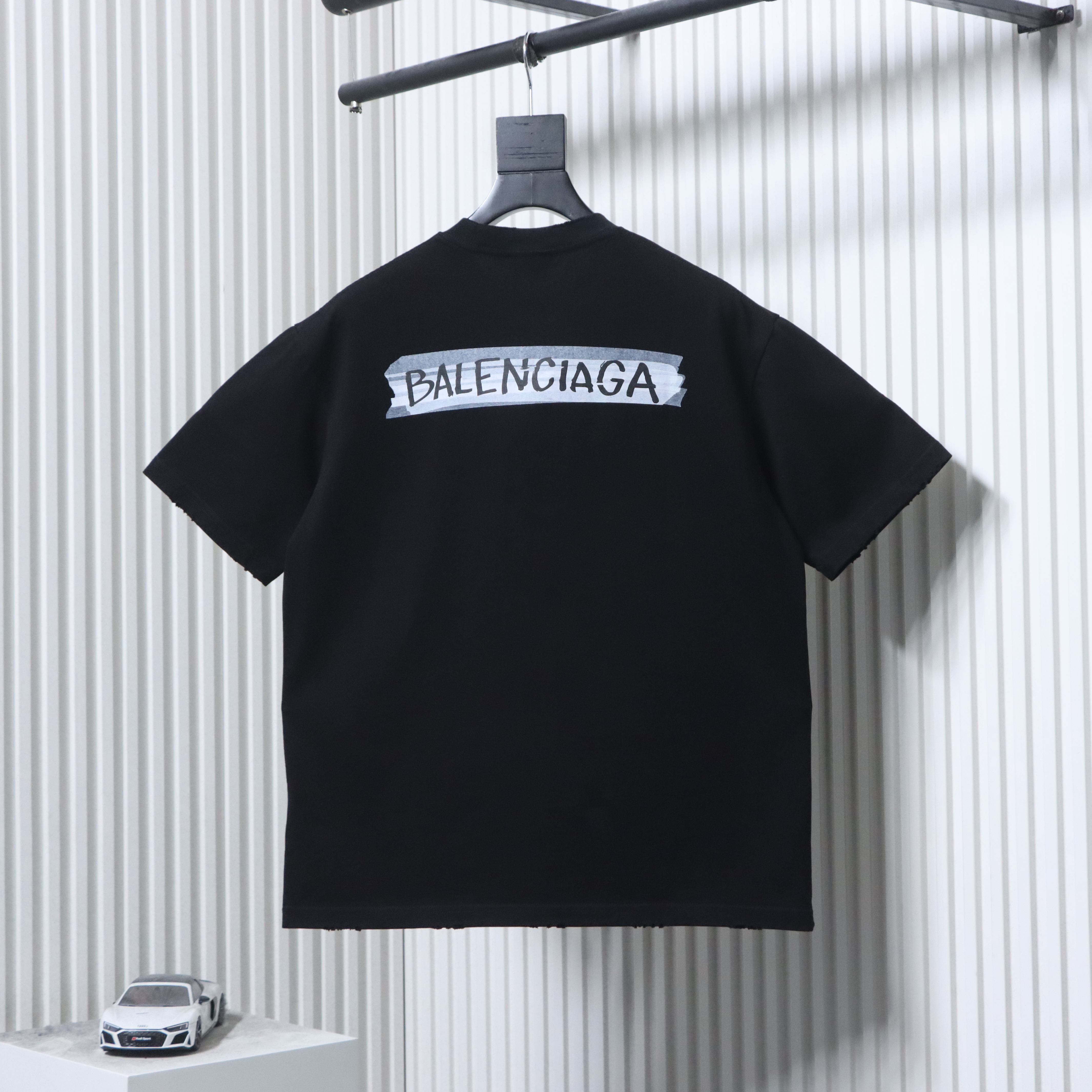 Balenciaga Back Tape Letter Print Washed Ripped Short Sleeve T-Shirt Style 1
