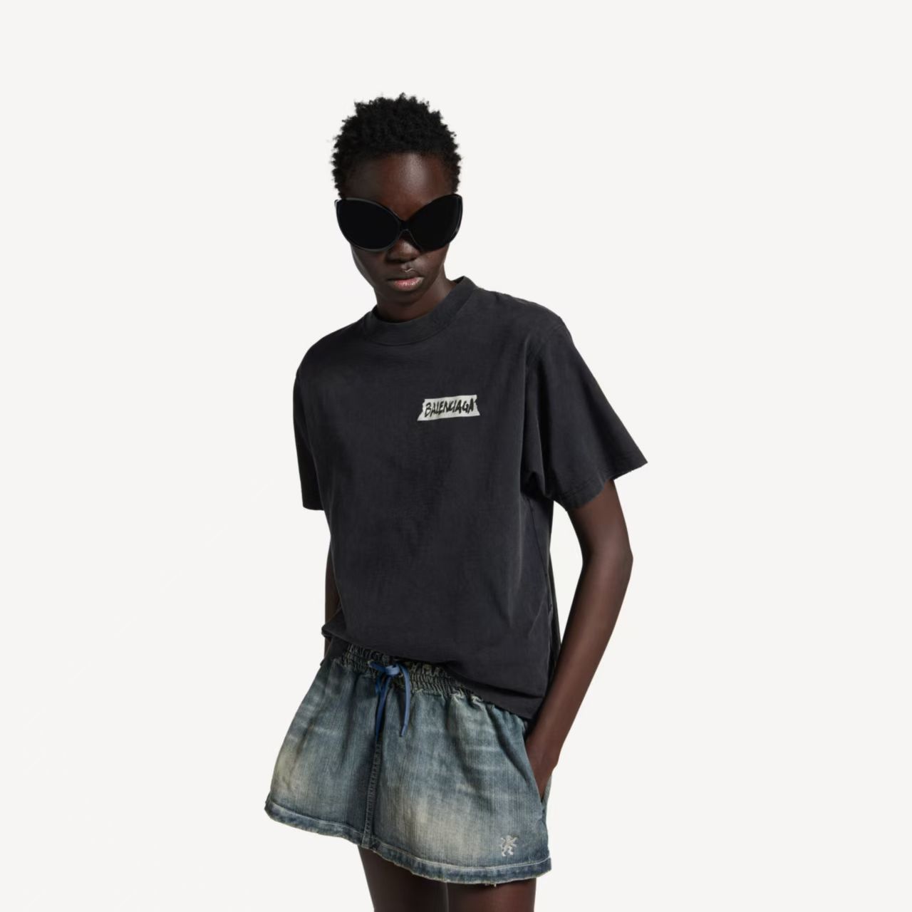 Balenciaga Back Tape Letter Print Washed Ripped Short Sleeve T-Shirt Style 1