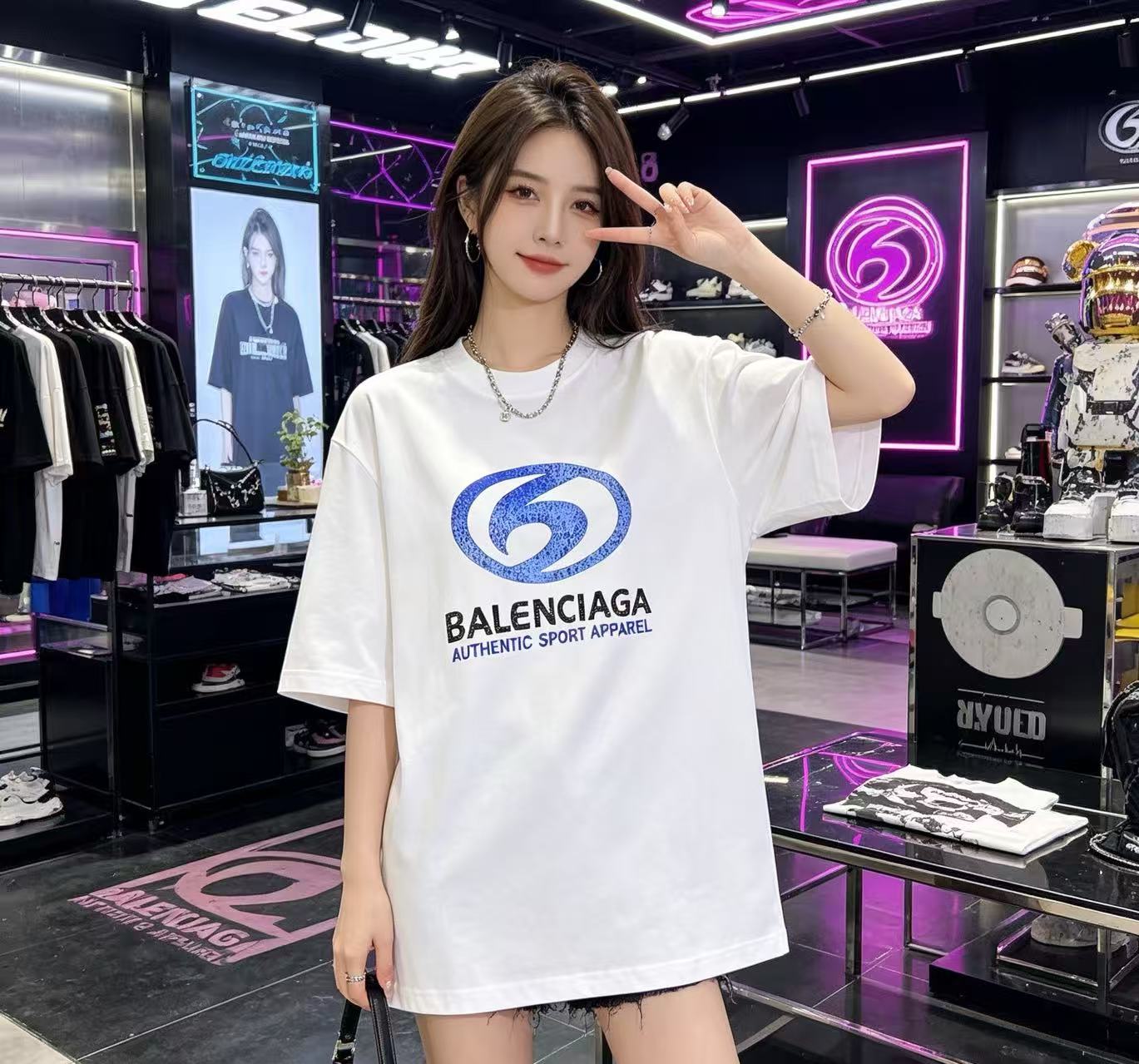 Balenciaga Balenciag Blue Logo Print Short Sleeve T-Shirt Style 1