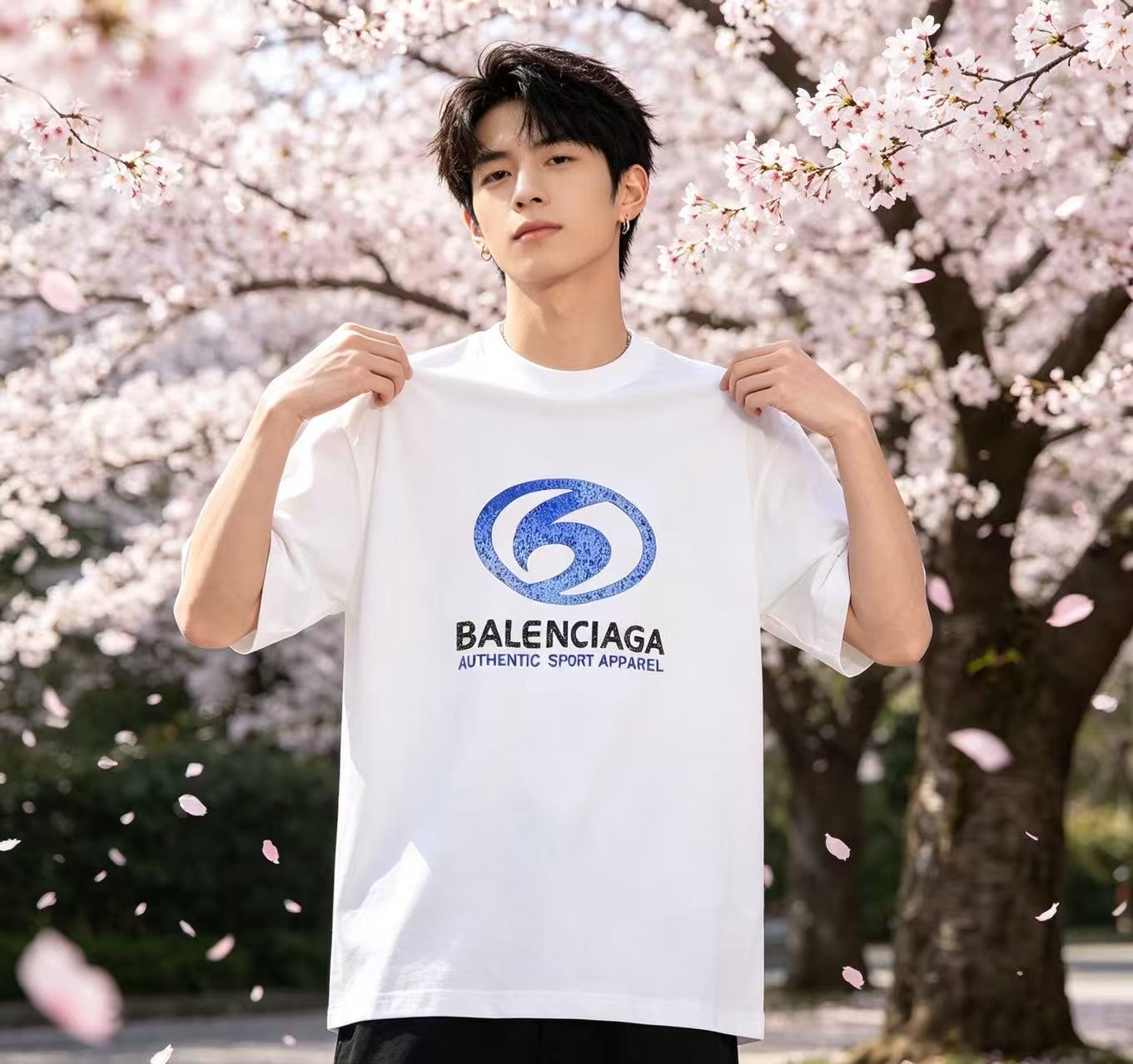 Balenciaga Balenciag Blue Logo Print Short Sleeve T-Shirt Style 1