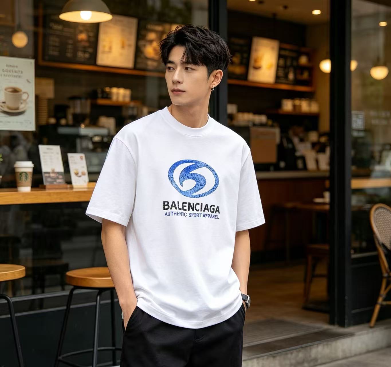 Balenciaga Balenciag Blue Logo Print Short Sleeve T-Shirt Style 1