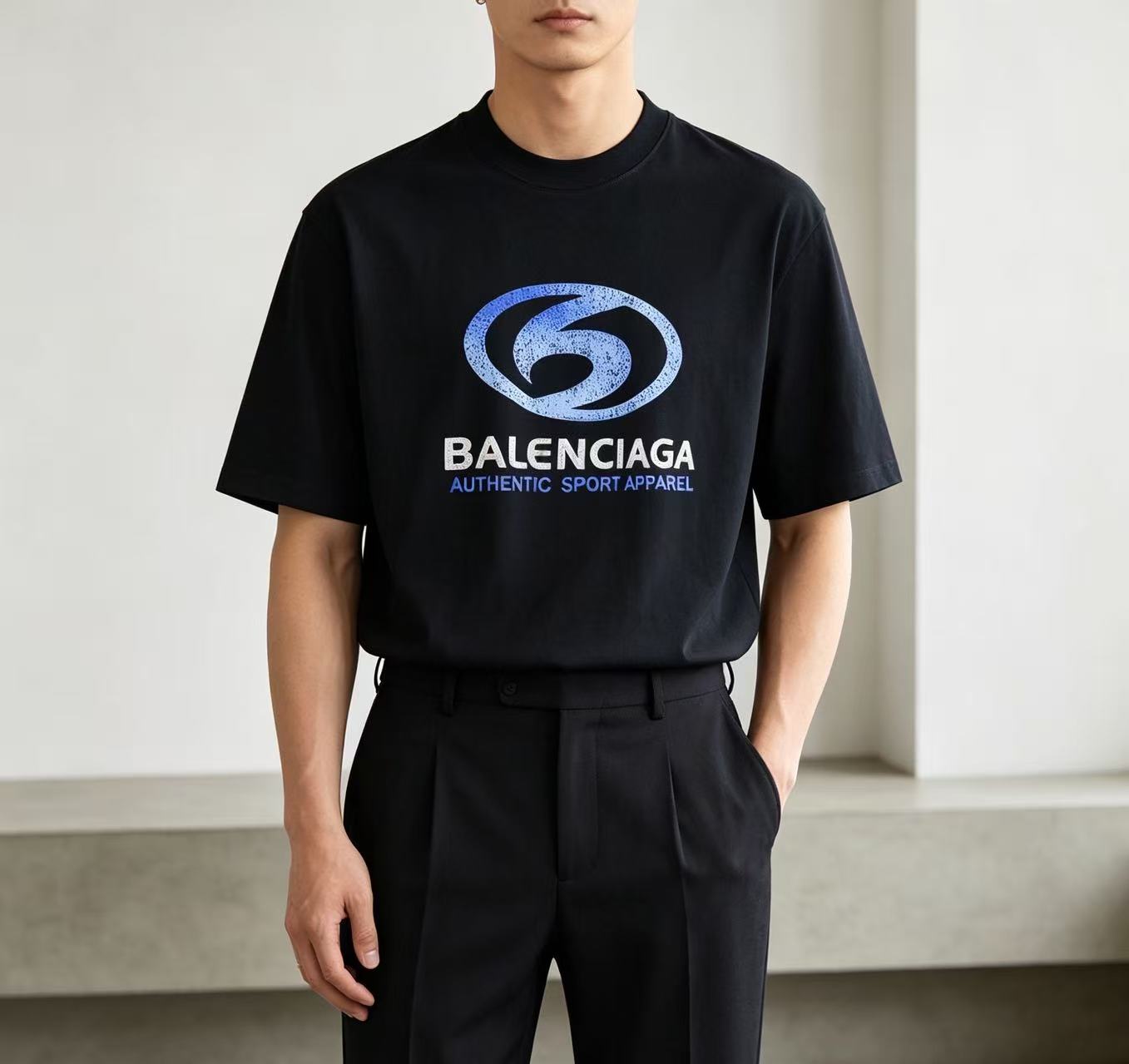 Balenciaga Balenciag Blue Logo Print Short Sleeve T-Shirt Style 2