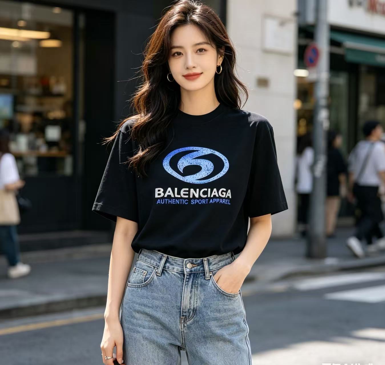 Balenciaga Balenciag Blue Logo Print Short Sleeve T-Shirt Style 2