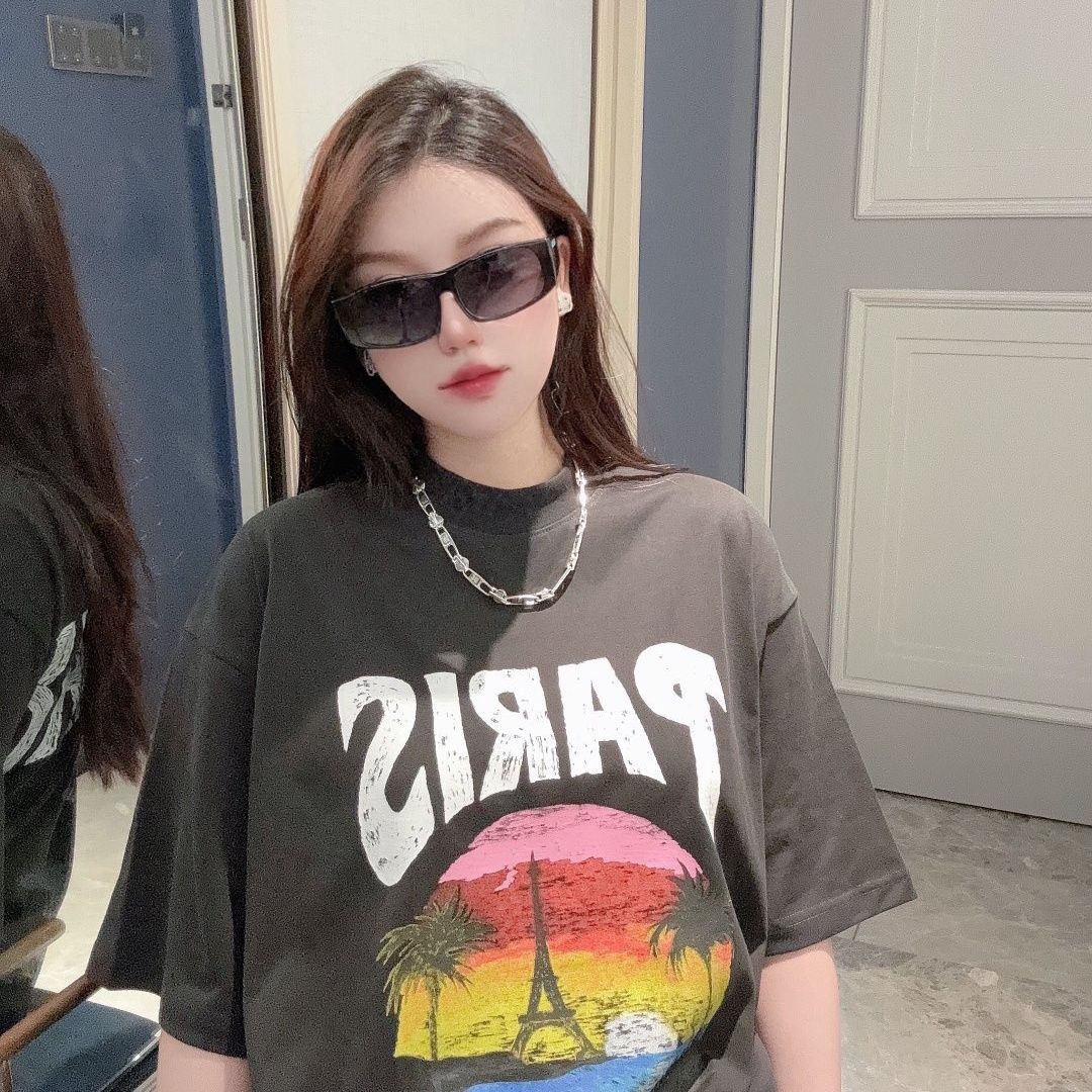 Balenciaga Beach Art Night Scene Tower Print Short Sleeve T-Shirt Style 1