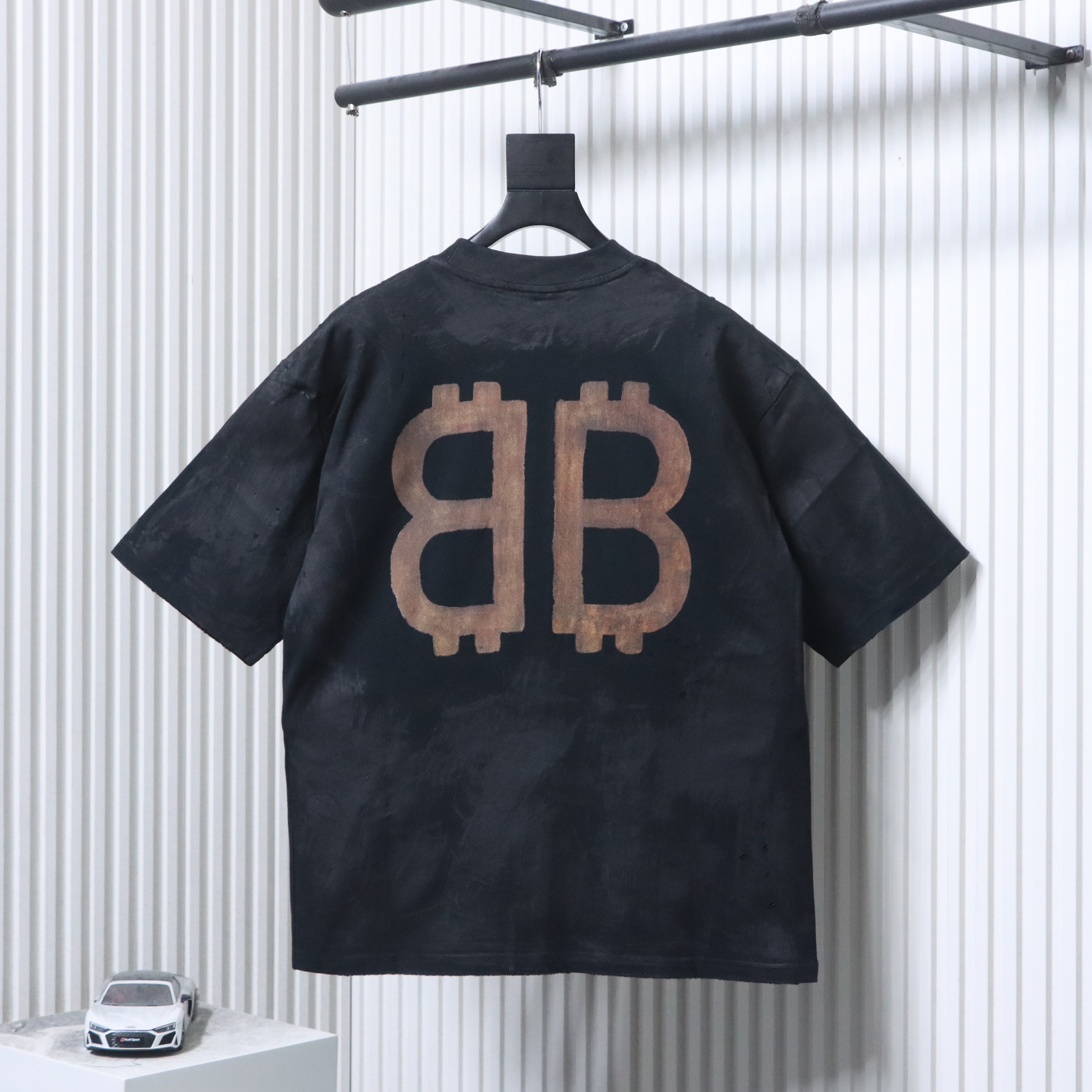 Balenciaga Front and Back Double B Distressed Cement Hand-Drawn Bitcoin Short Sleeve T-Shirt Style 1