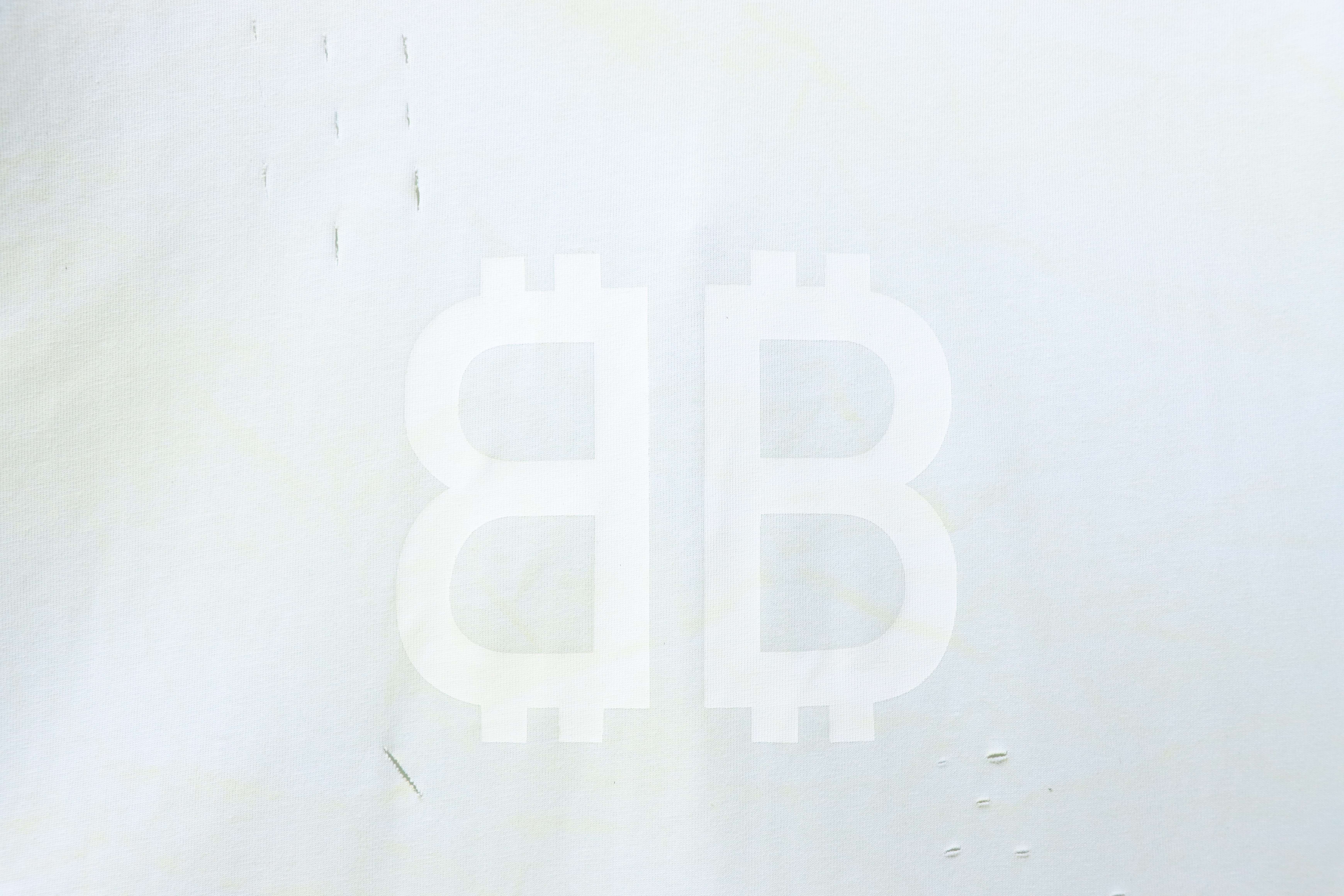 Balenciaga Front and Back Double B Distressed Cement Hand-Drawn Bitcoin Short Sleeve T-Shirt Style 2