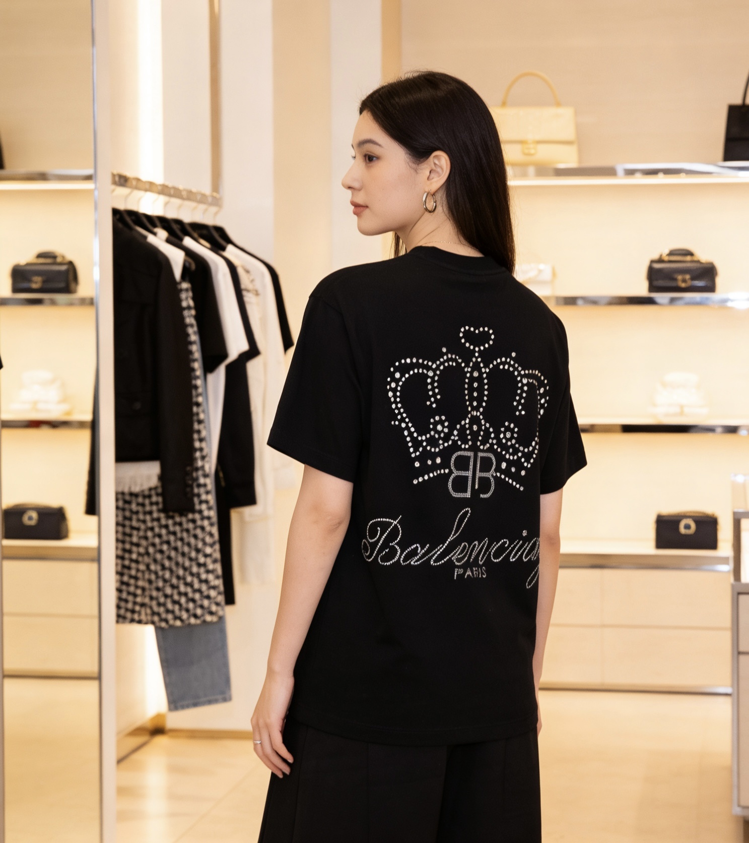 Balenciaga Heavy Craft BB Crown Rhinestone Short Sleeve T-Shirt Style 1