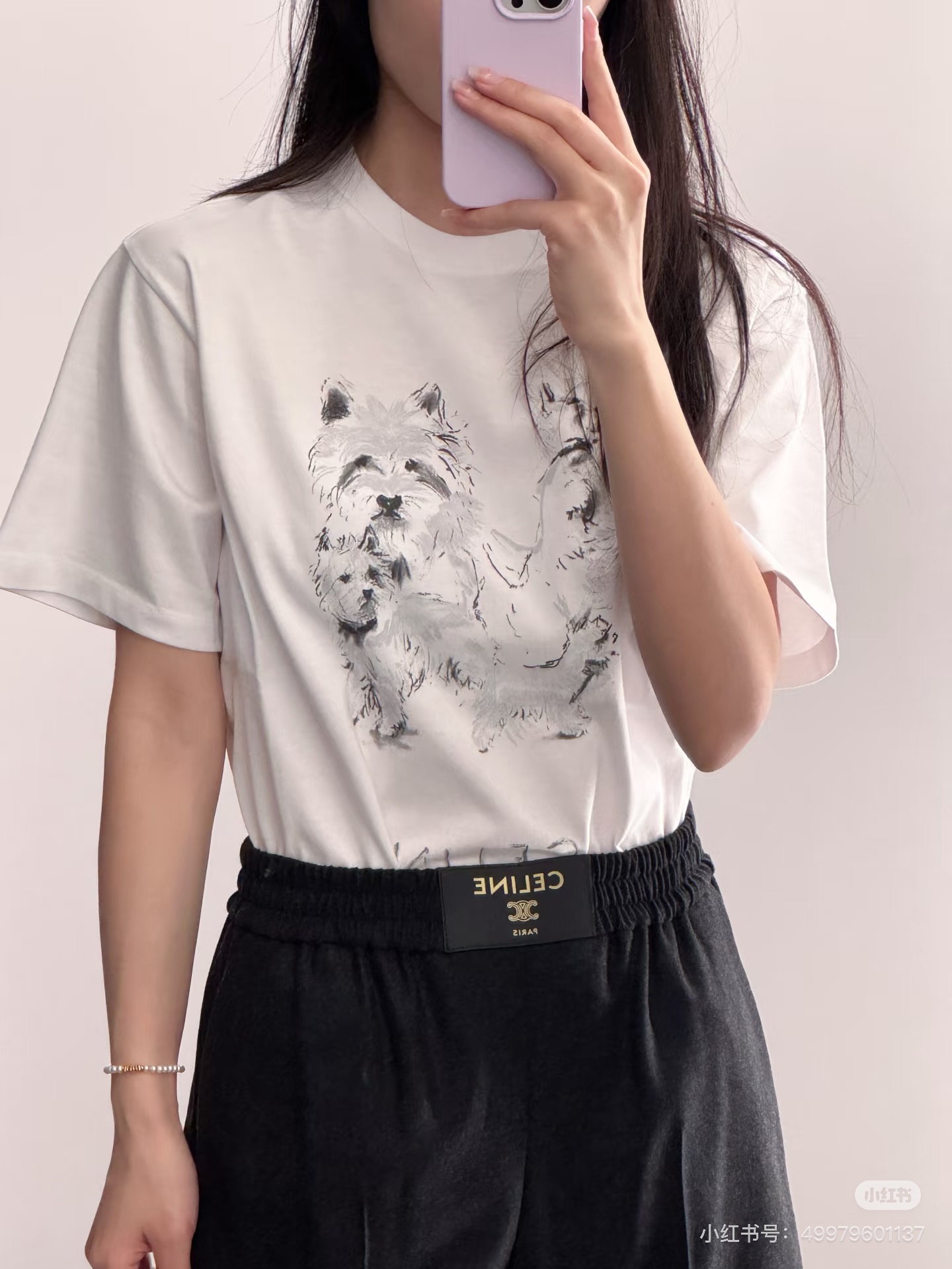 Celine Hand-Drawn Dog Print Short Sleeve T-Shirt