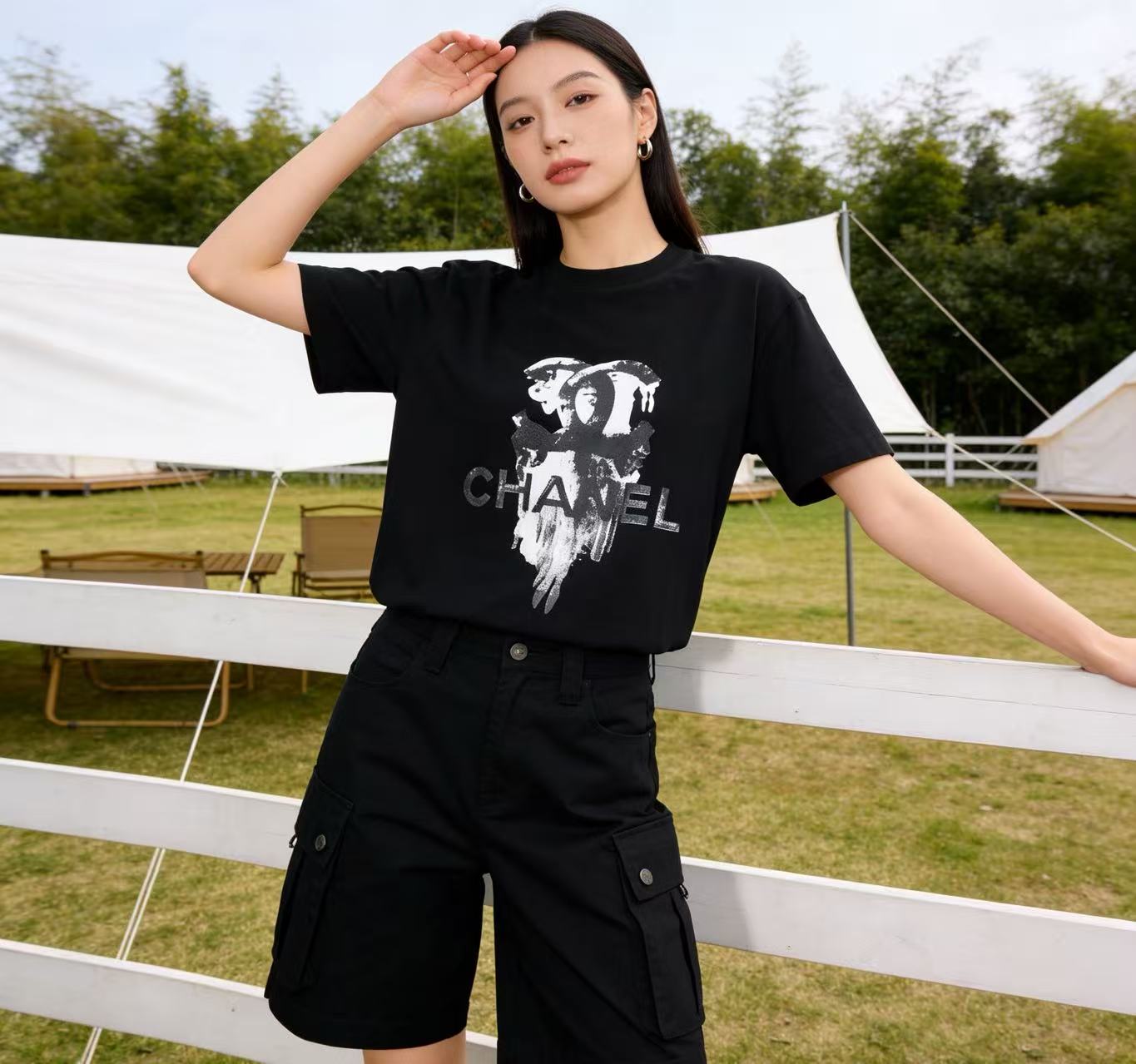 Chanel Double C Ink Print Short Sleeve T-Shirt