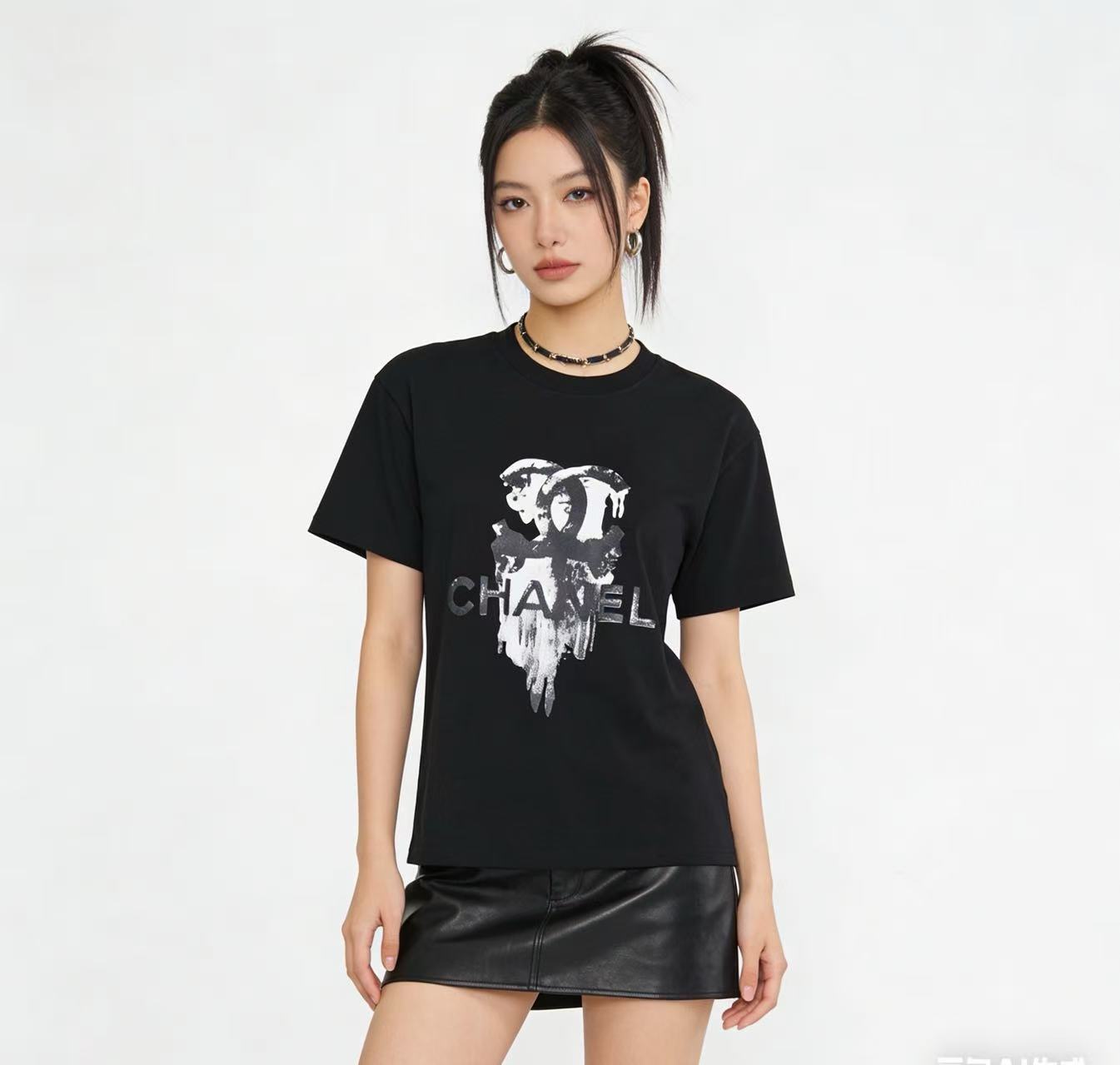 Chanel Double C Ink Print Short Sleeve T-Shirt