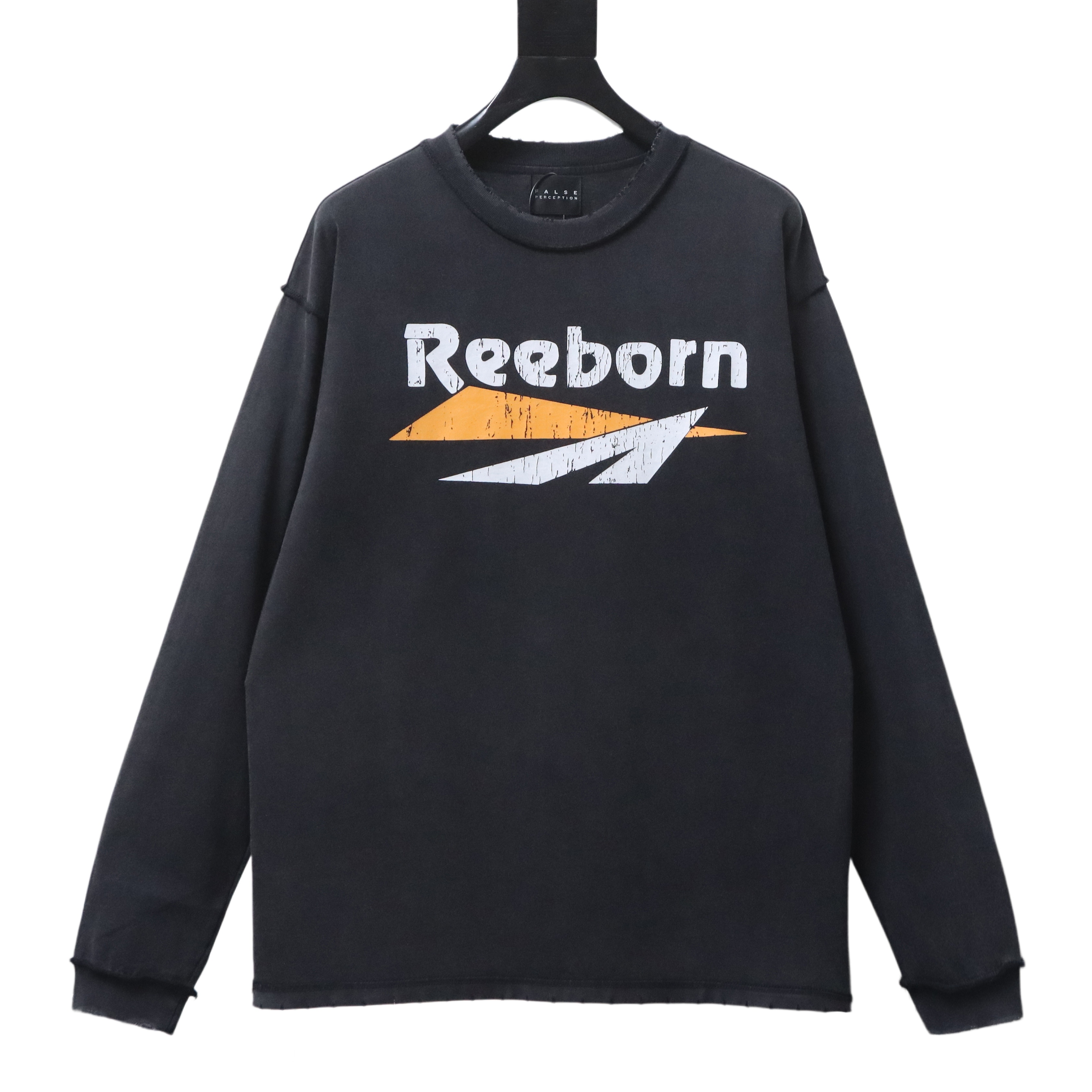 FALSE PERCEPTION Barrage Slogan Washed Distressed Long Sleeve High Street T-Shirt Style 1