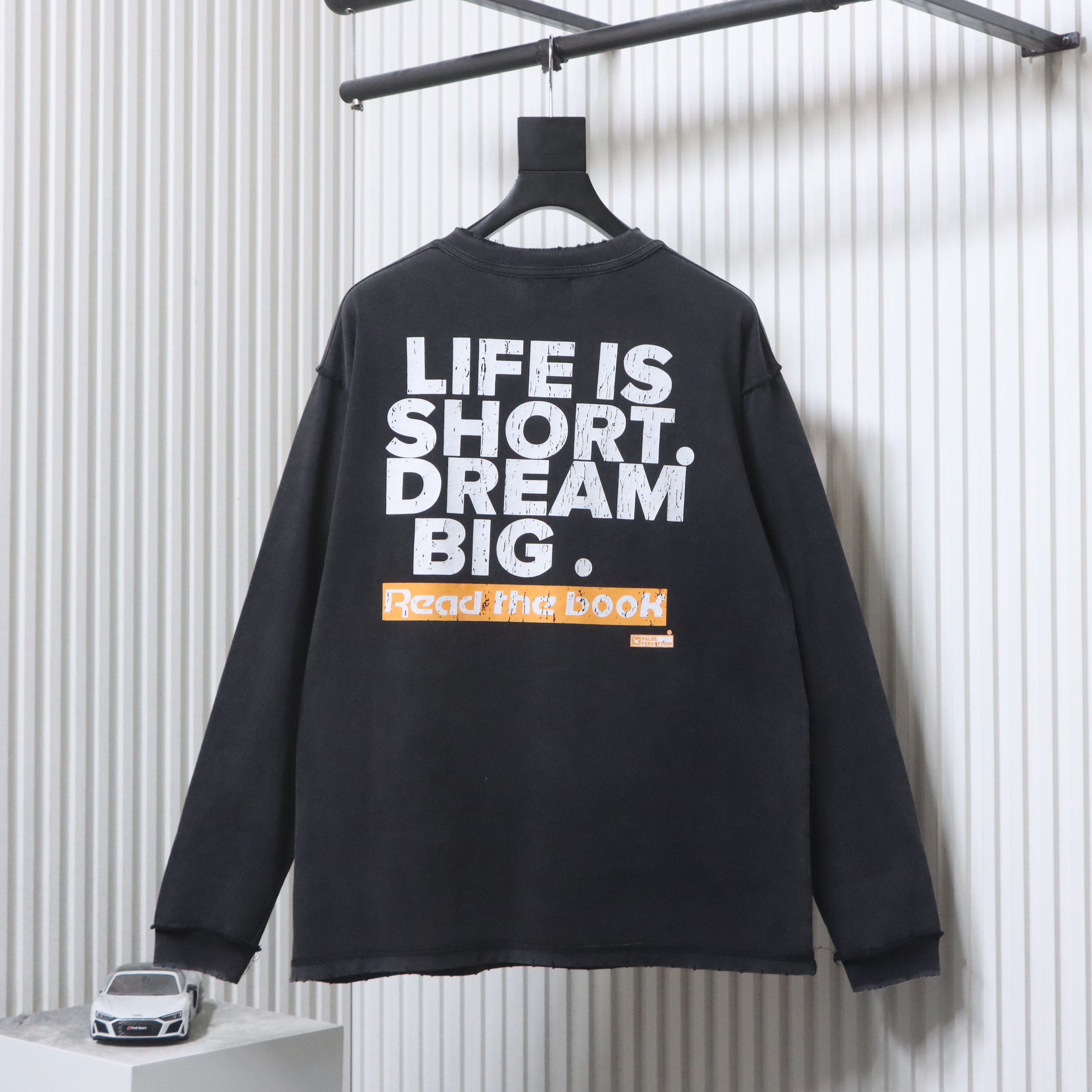 FALSE PERCEPTION Barrage Slogan Washed Distressed Long Sleeve High Street T-Shirt Style 1