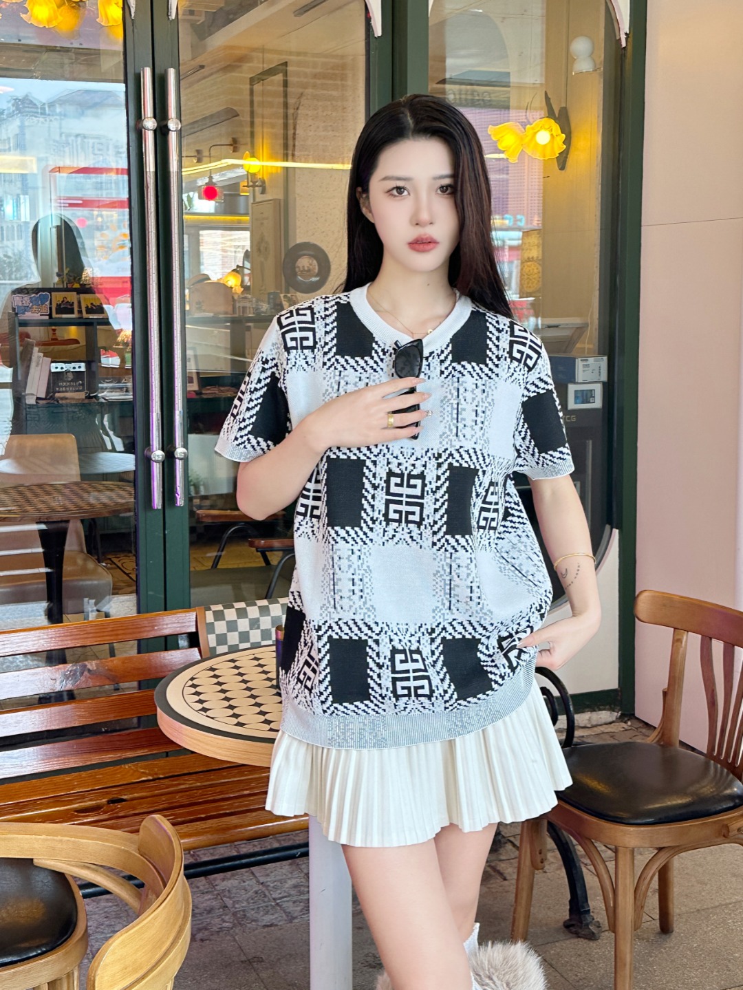Givenchy Allover Grid Jacquard Knit Short Sleeve T-Shirt