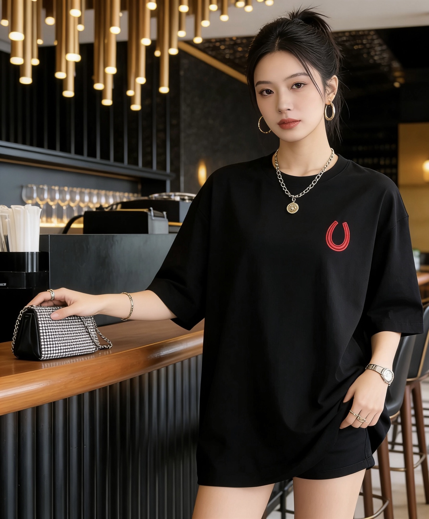 Jil Sander-Style Minimalist Red Horseshoe Logo Embroidered Short Sleeve T-Shirt Style 1