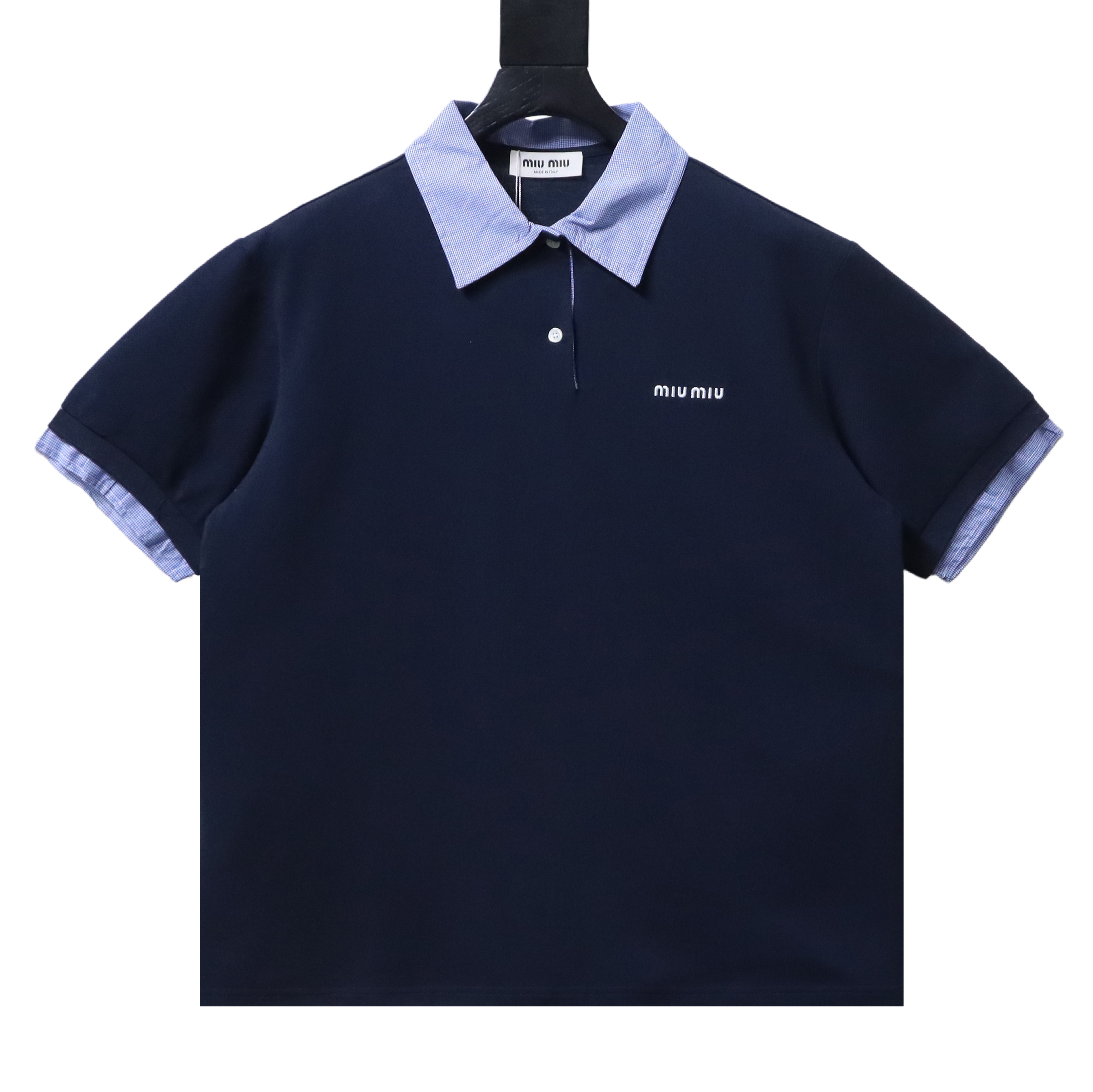 Miu Miu Blue Plaid Collar Logo Short Sleeve Polo Shirt