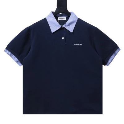 Miu Miu Blue Plaid Collar Logo Short Sleeve Polo Shirt 02