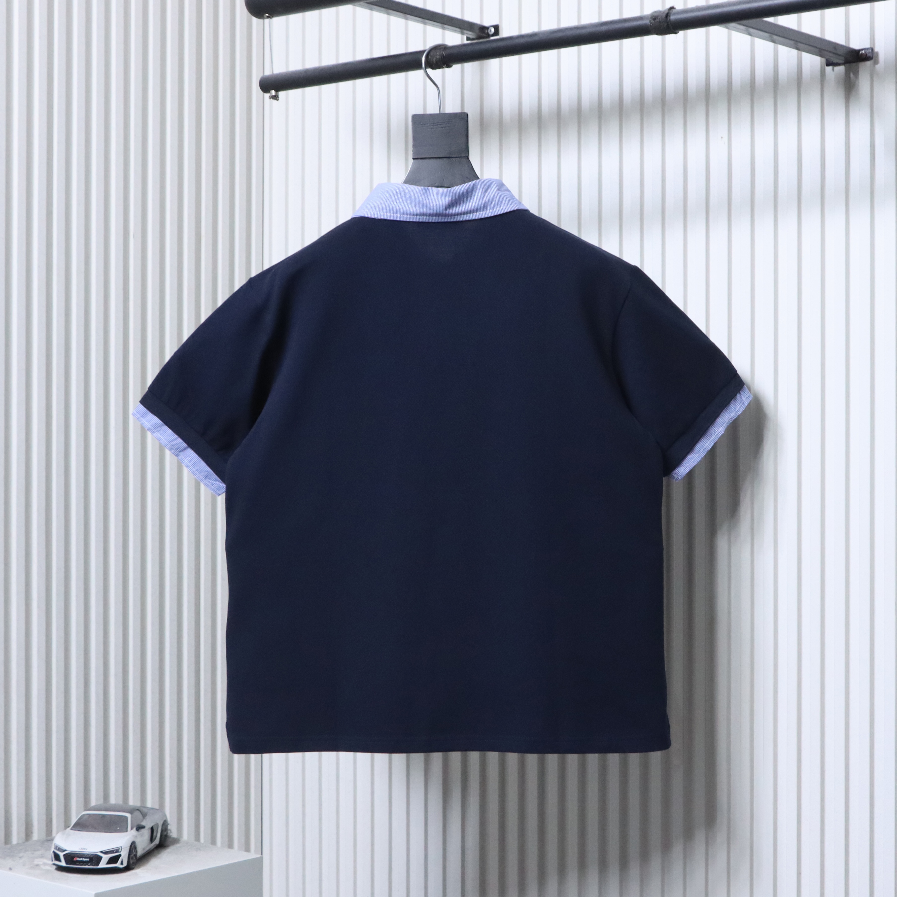 Miu Miu Blue Plaid Collar Logo Short Sleeve Polo Shirt