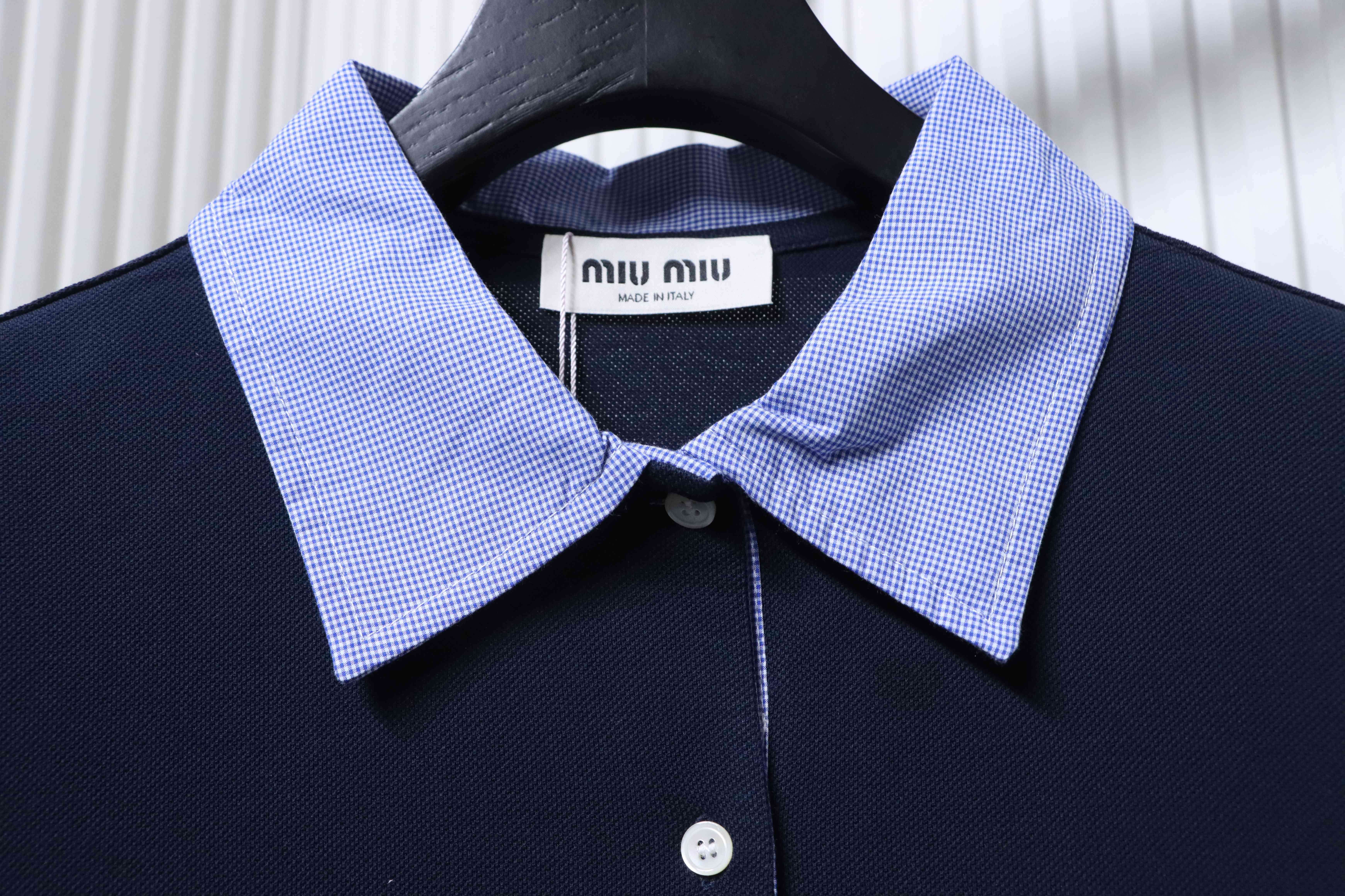 Miu Miu Blue Plaid Collar Logo Short Sleeve Polo Shirt