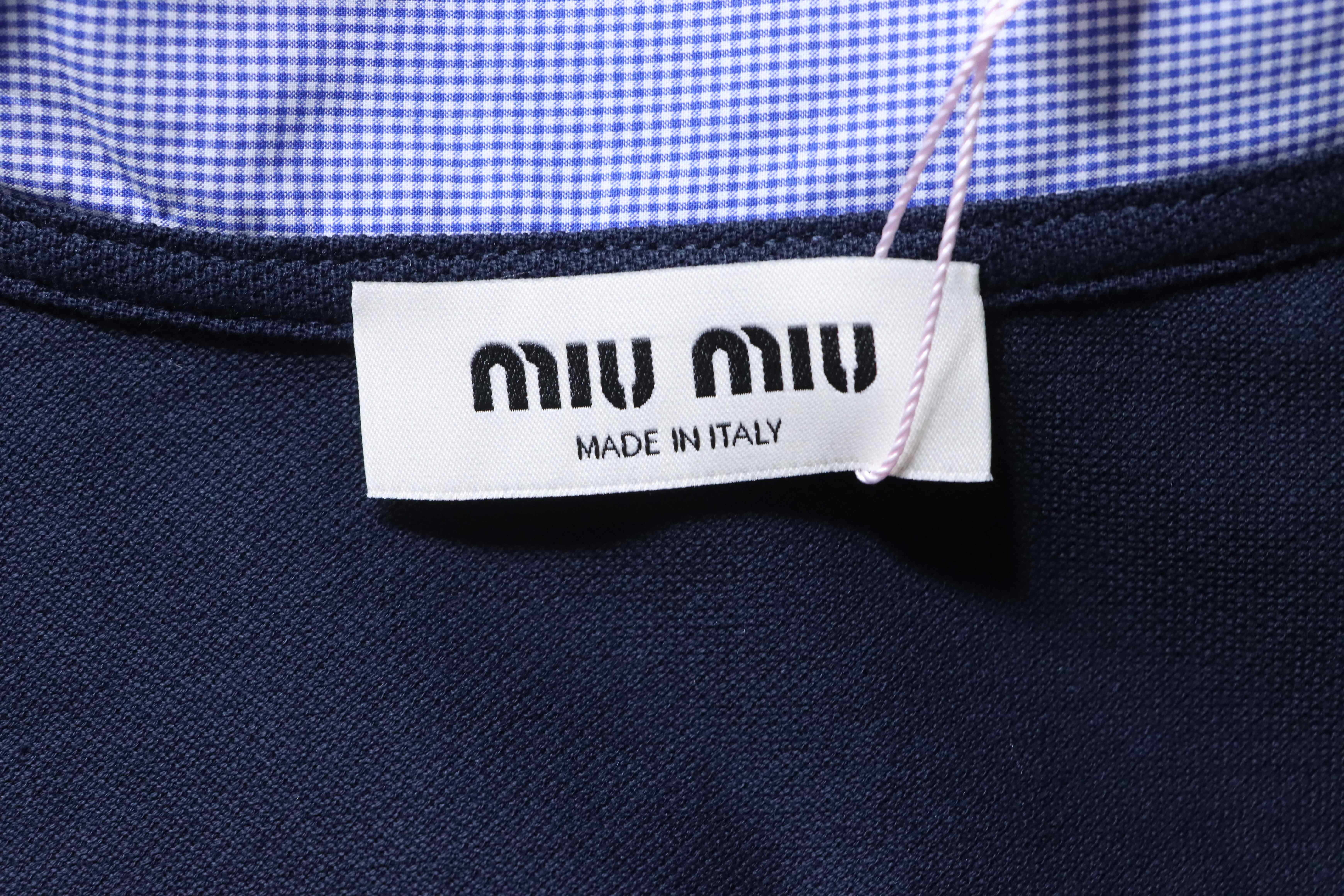 Miu Miu Blue Plaid Collar Logo Short Sleeve Polo Shirt