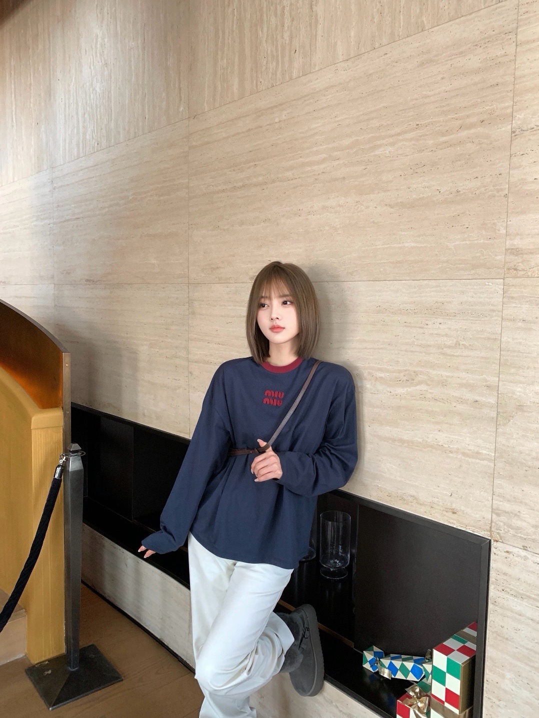 Miu Miu Contrast Panel Long Sleeve T-Shirt Style 3
