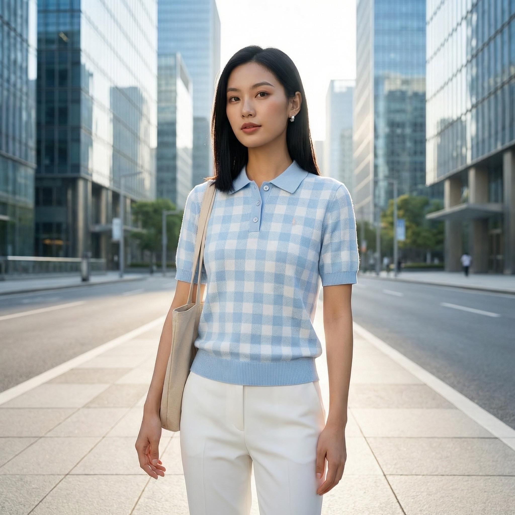 Ralph Lauren Check Jacquard Knit Short Sleeve Polo Shirt Women Style 2