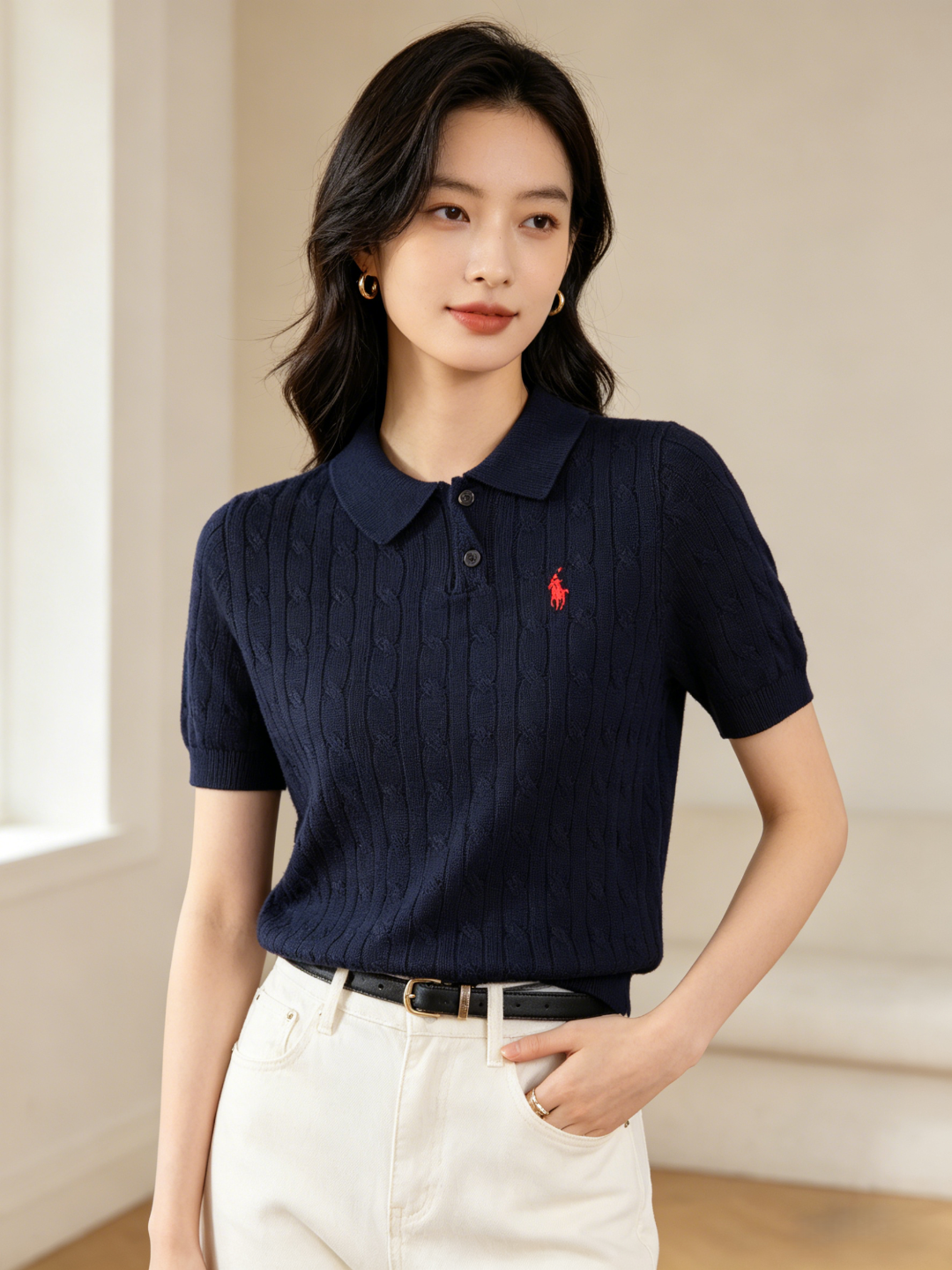 Ralph Lauren Horse Logo Cable Knit Knit Short Sleeve Polo Shirt Style 1