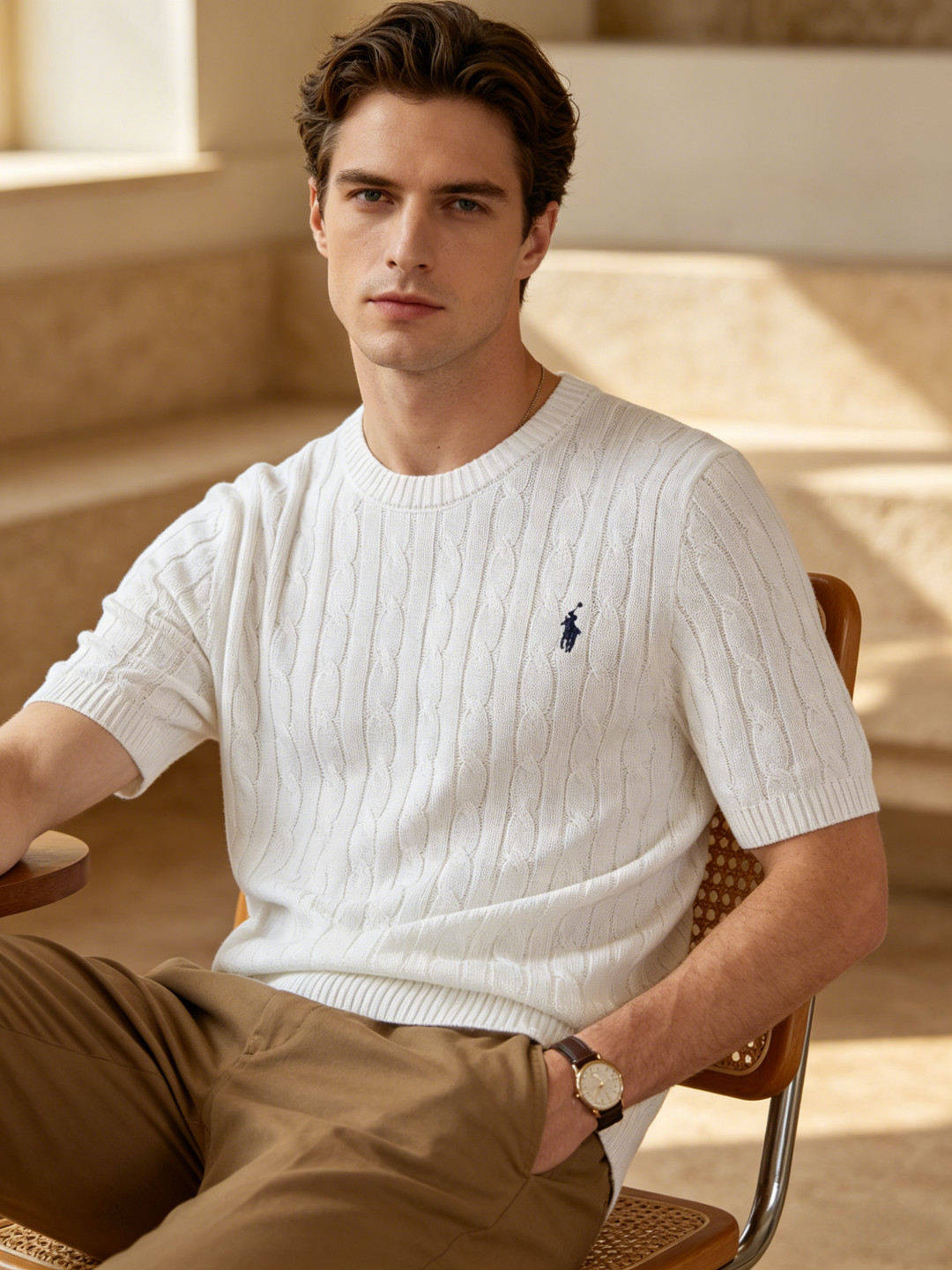 Ralph Lauren Horse Logo Embroidery Cable Knit Knit Short Sleeve T-Shirt Style 1