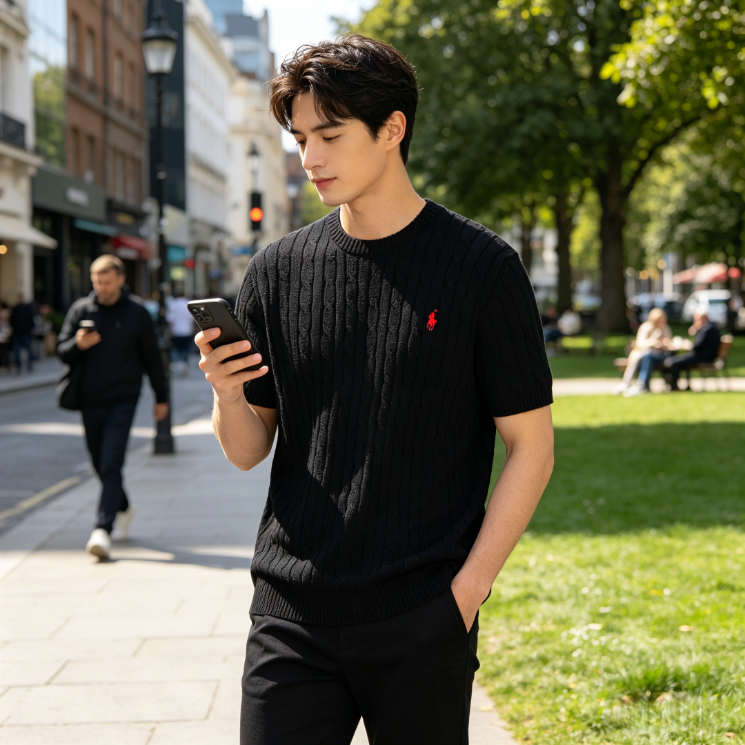 Ralph Lauren Horse Logo Embroidery Cable Knit Knit Short Sleeve T-Shirt Style 2