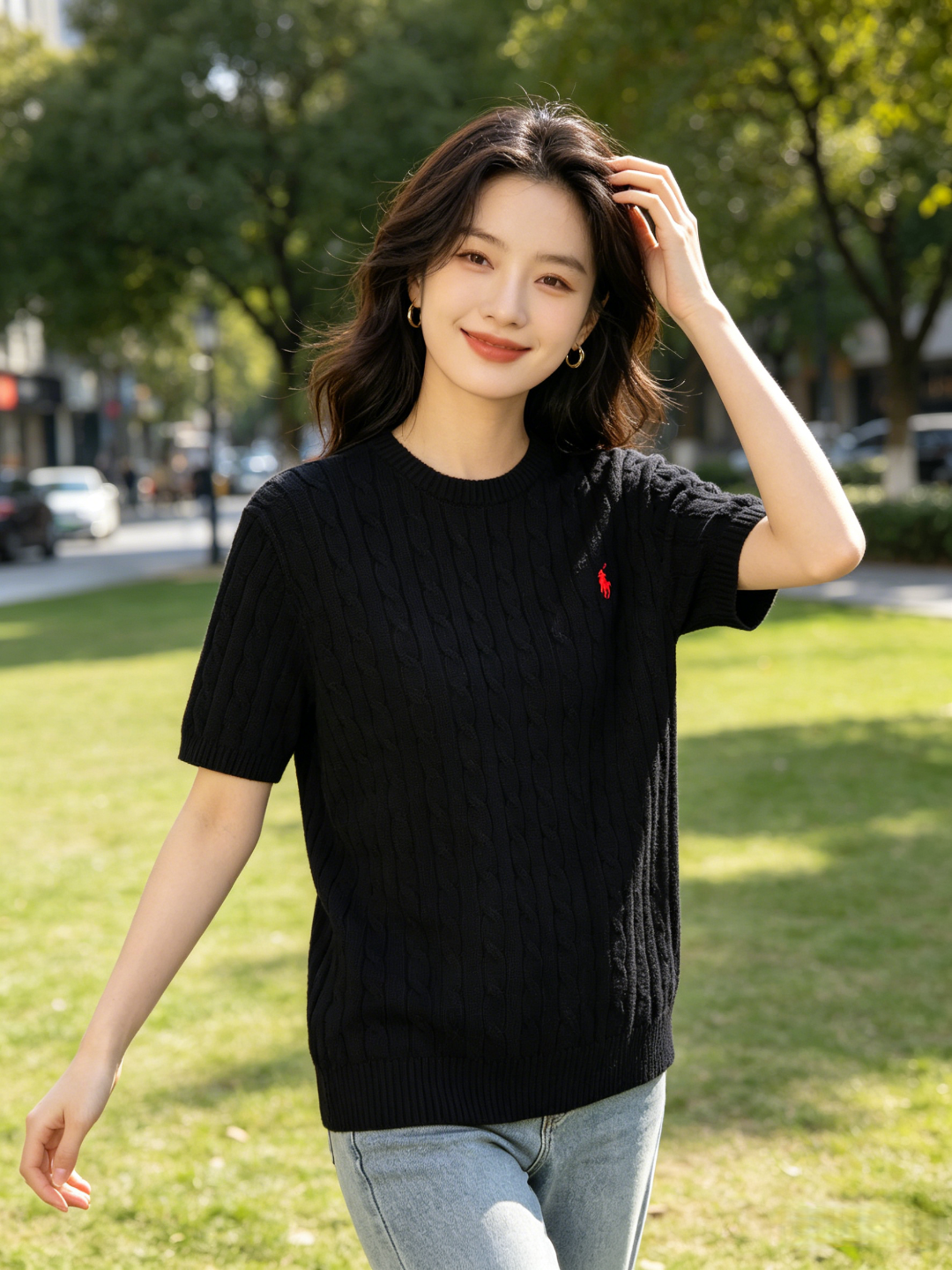 Ralph Lauren Horse Logo Embroidery Cable Knit Knit Short Sleeve T-Shirt Style 2