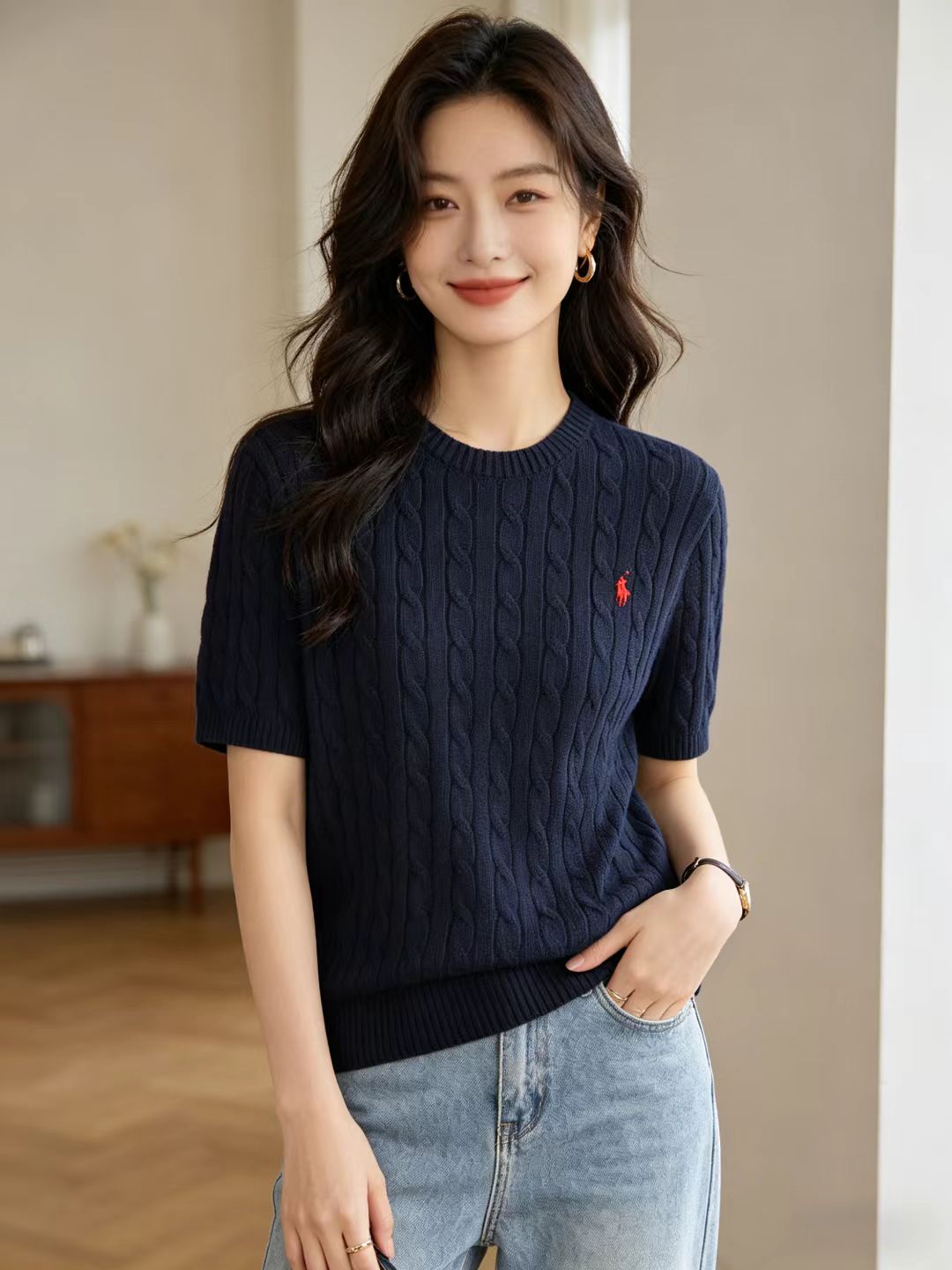 Ralph Lauren Horse Logo Embroidery Cable Knit Knit Short Sleeve T-Shirt Style 4