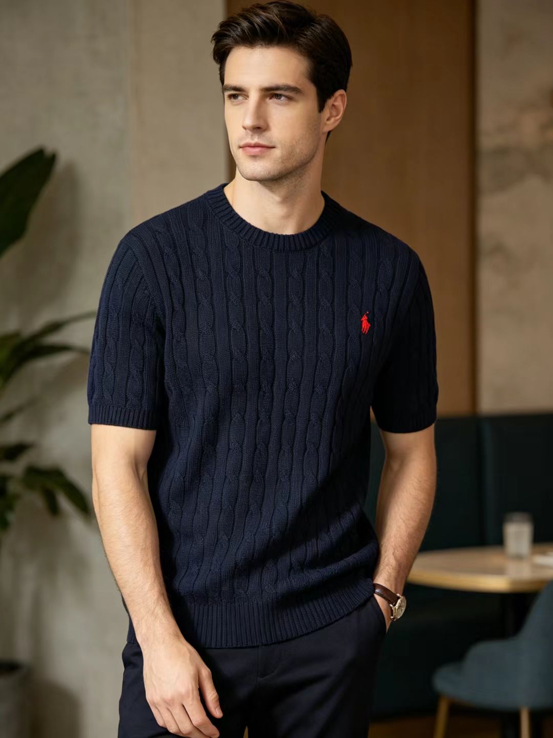 Ralph Lauren Horse Logo Embroidery Cable Knit Knit Short Sleeve T-Shirt Style 4