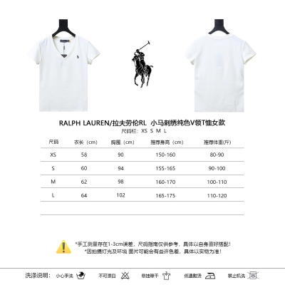 Ralph Lauren RL Pony Logo Embroidery Solid Color V-Neck T-Shirt Women Style 1 01