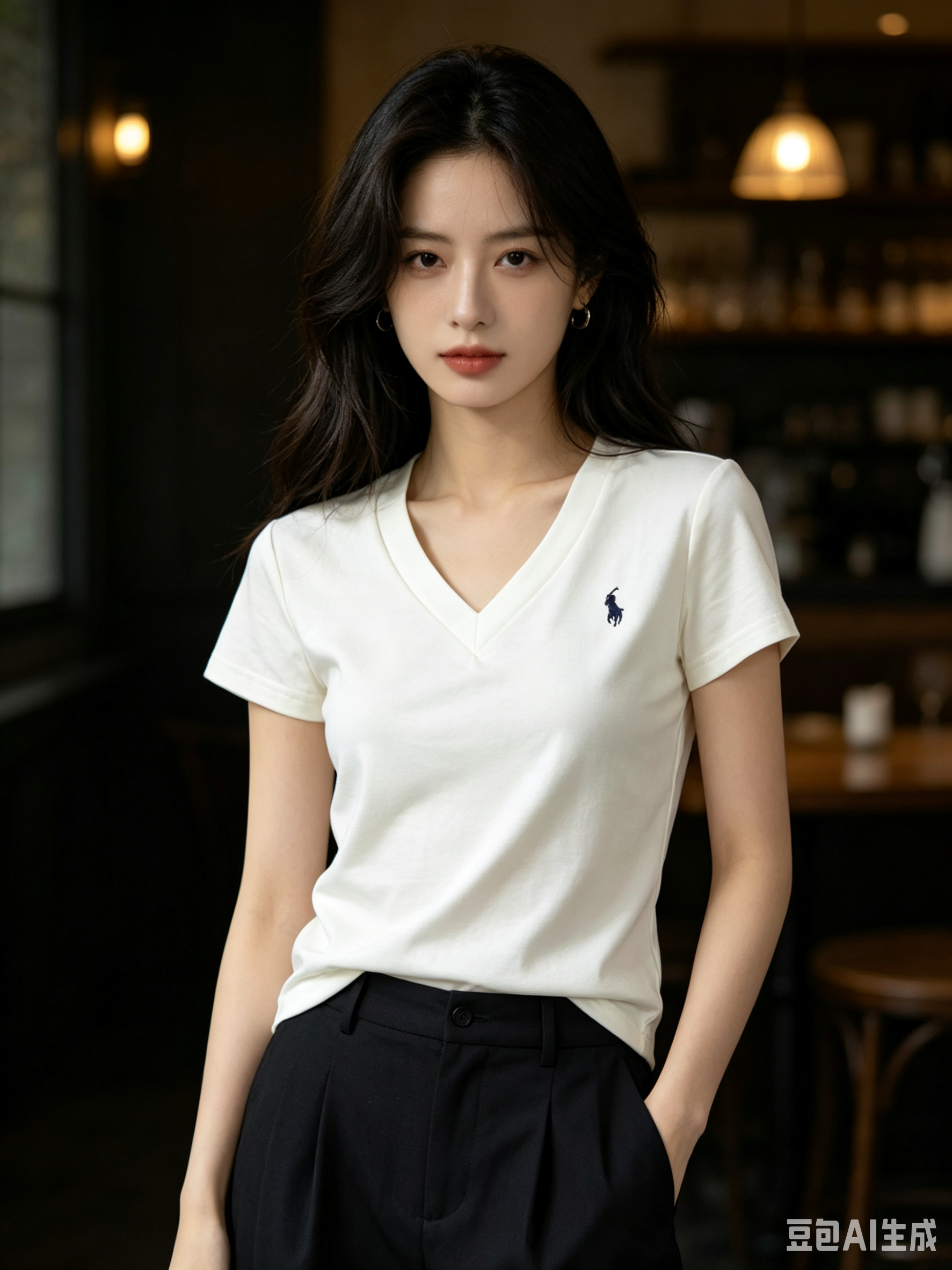 Ralph Lauren RL Pony Logo Embroidery Solid Color V-Neck T-Shirt Women Style 1