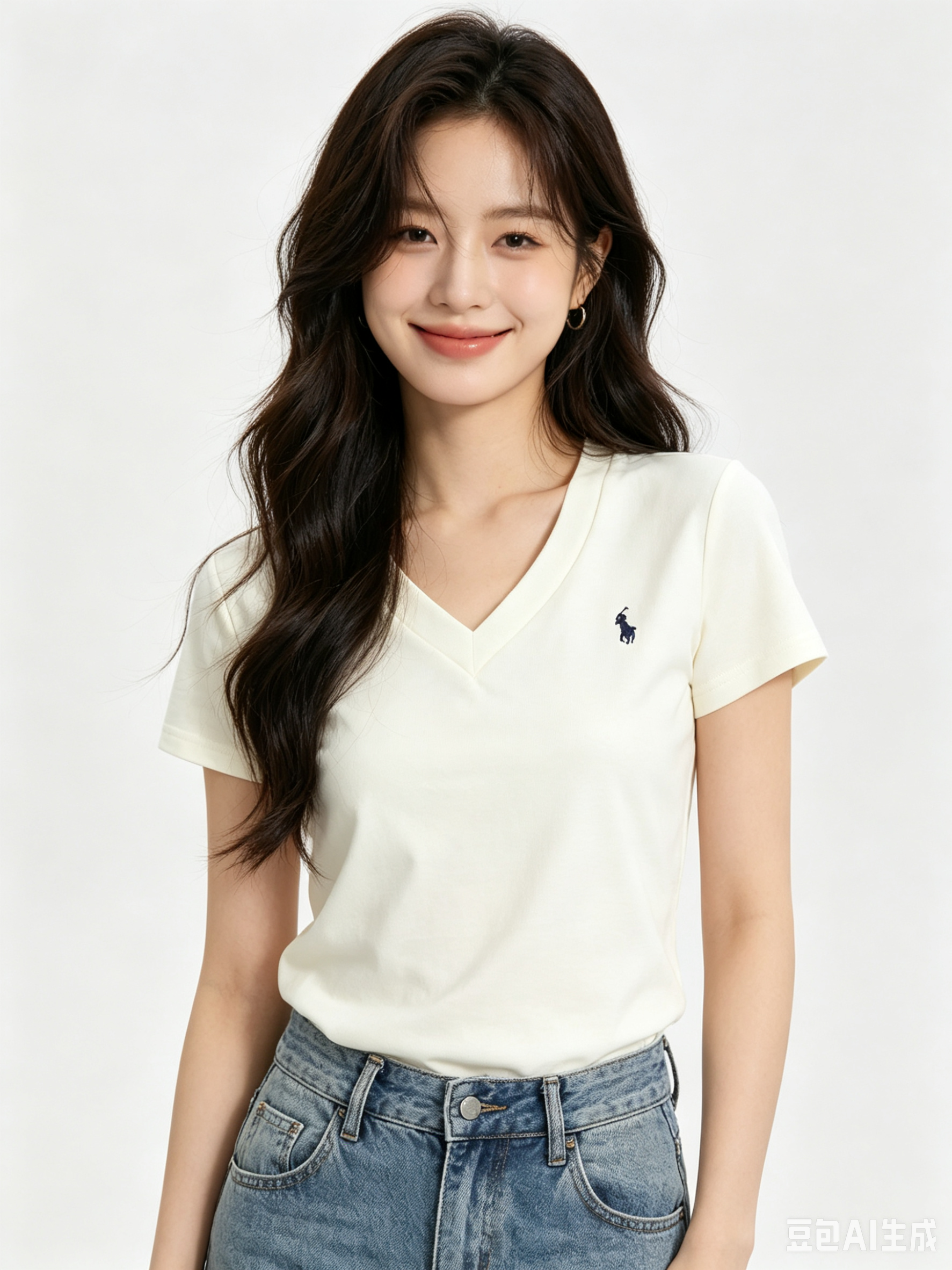 Ralph Lauren RL Pony Logo Embroidery Solid Color V-Neck T-Shirt Women Style 1