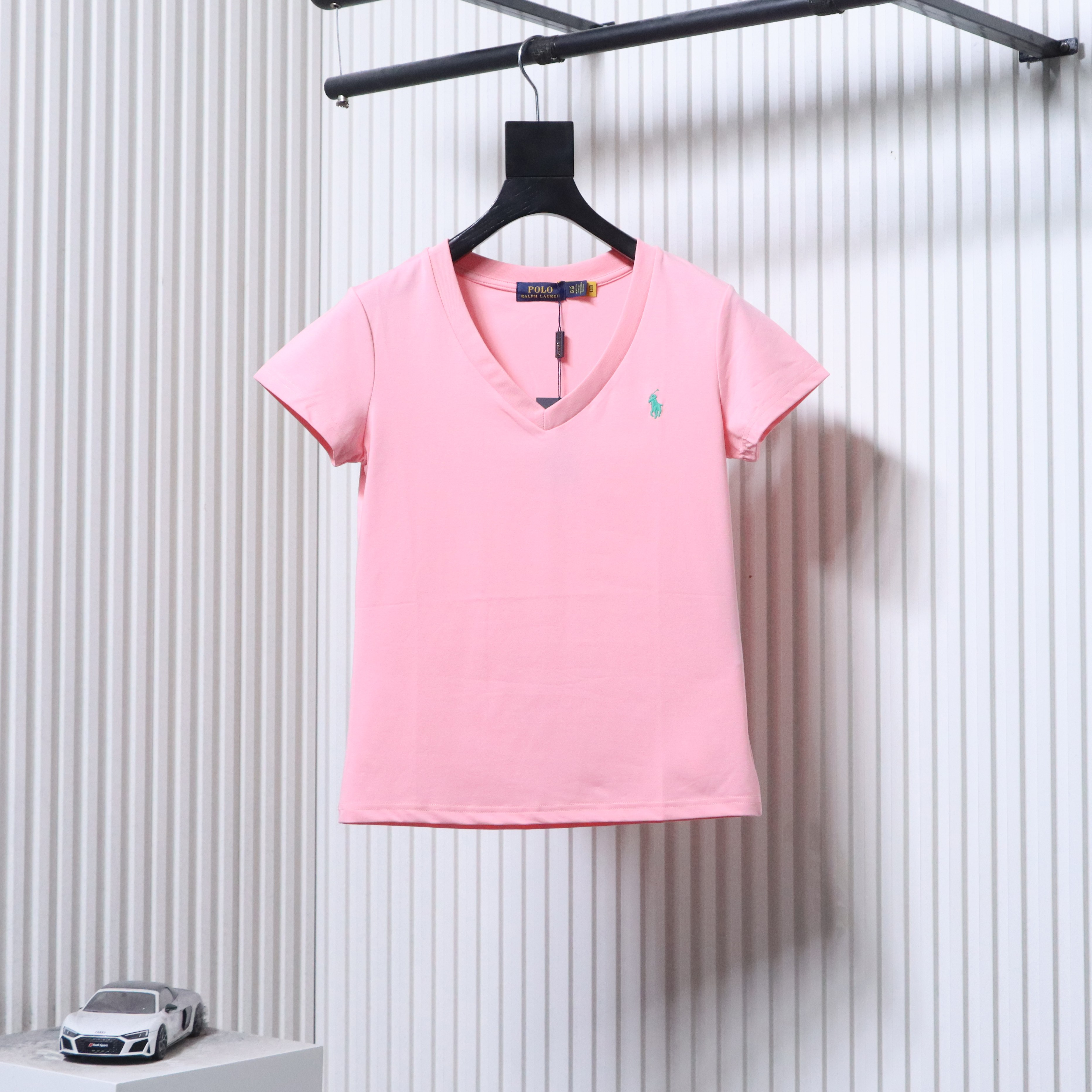 Ralph Lauren RL Pony Logo Embroidery Solid Color V-Neck T-Shirt Women Style 2