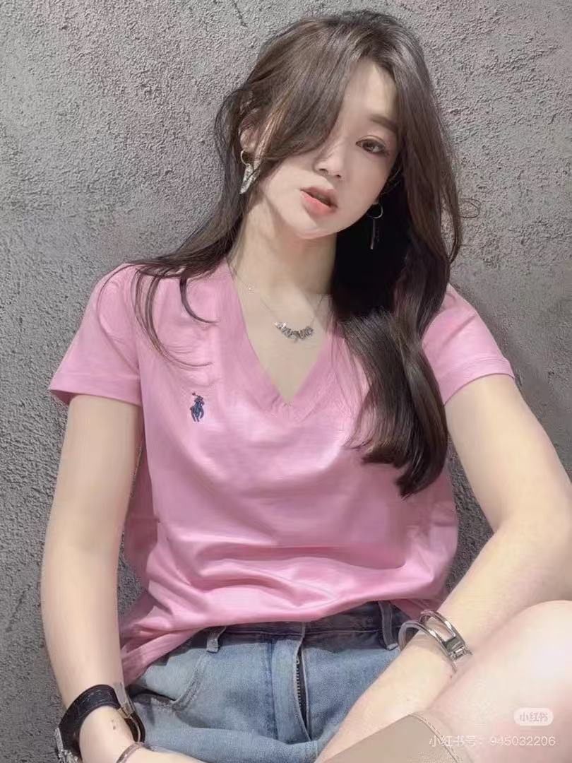 Ralph Lauren RL Pony Logo Embroidery Solid Color V-Neck T-Shirt Women Style 2